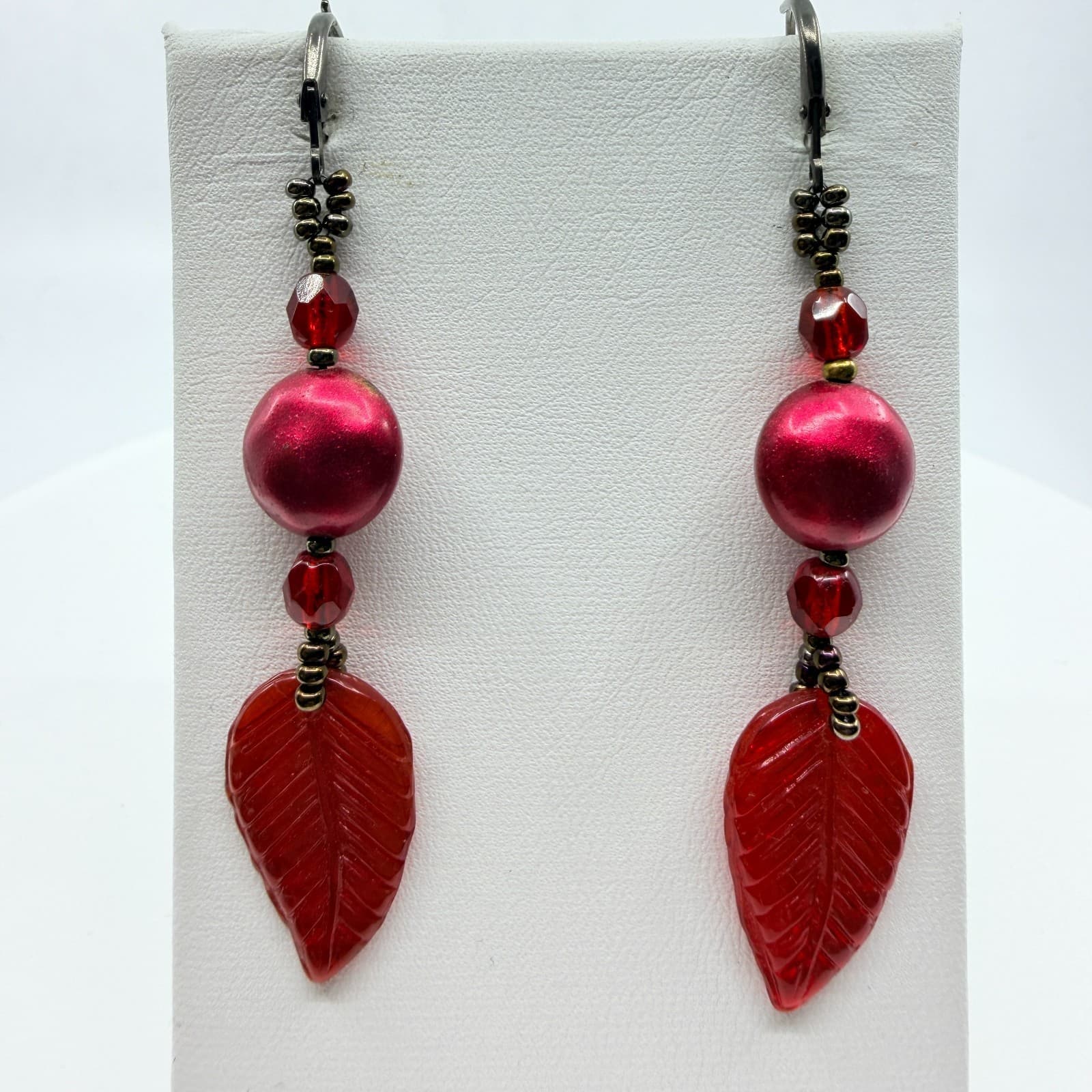 Vintage Y2K Red Beaded Leaf Dangle Earrings Boho Satin Finish Leverback Hinged - Thumbnail 4