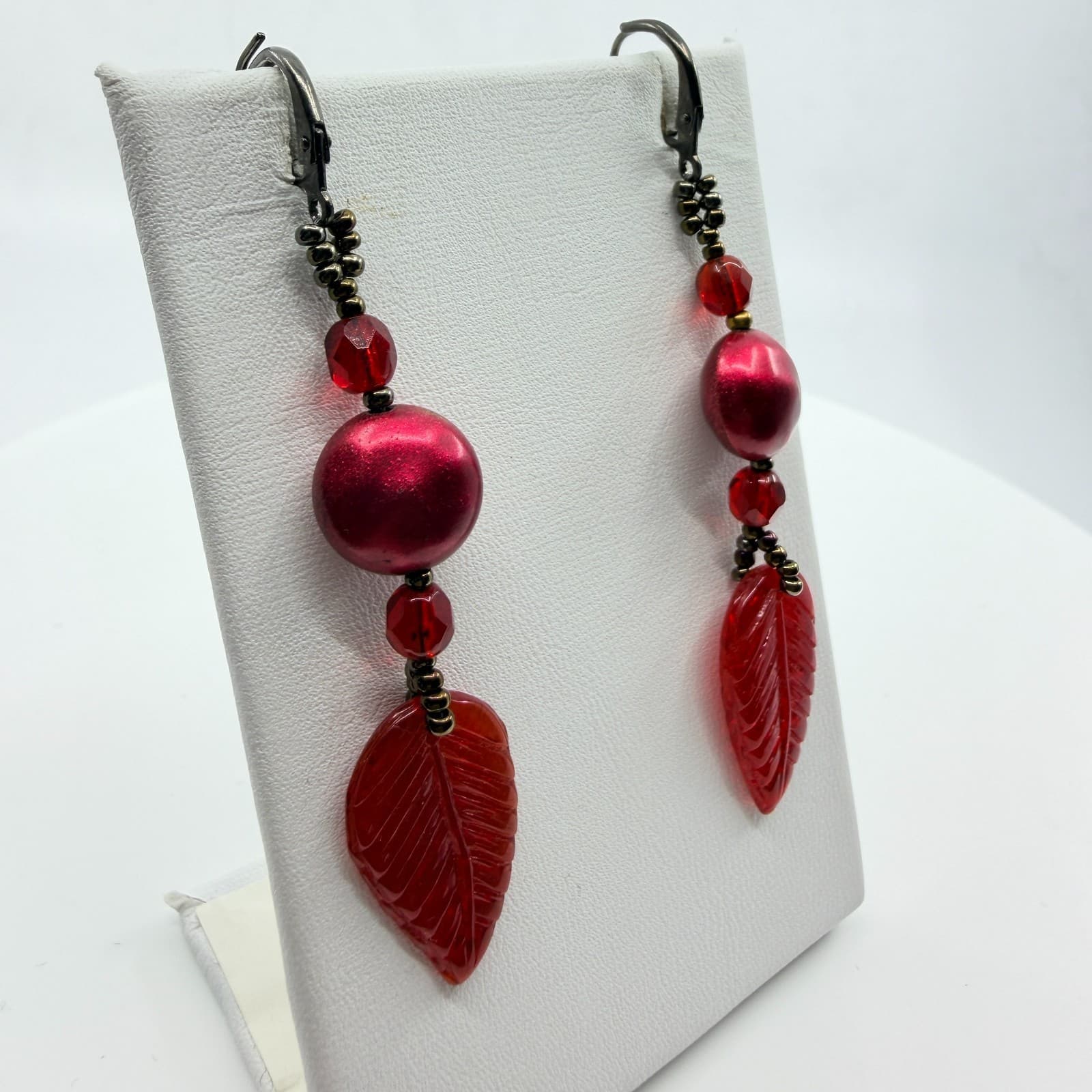 Vintage Y2K Red Beaded Leaf Dangle Earrings Boho Satin Finish Leverback Hinged - Thumbnail 6