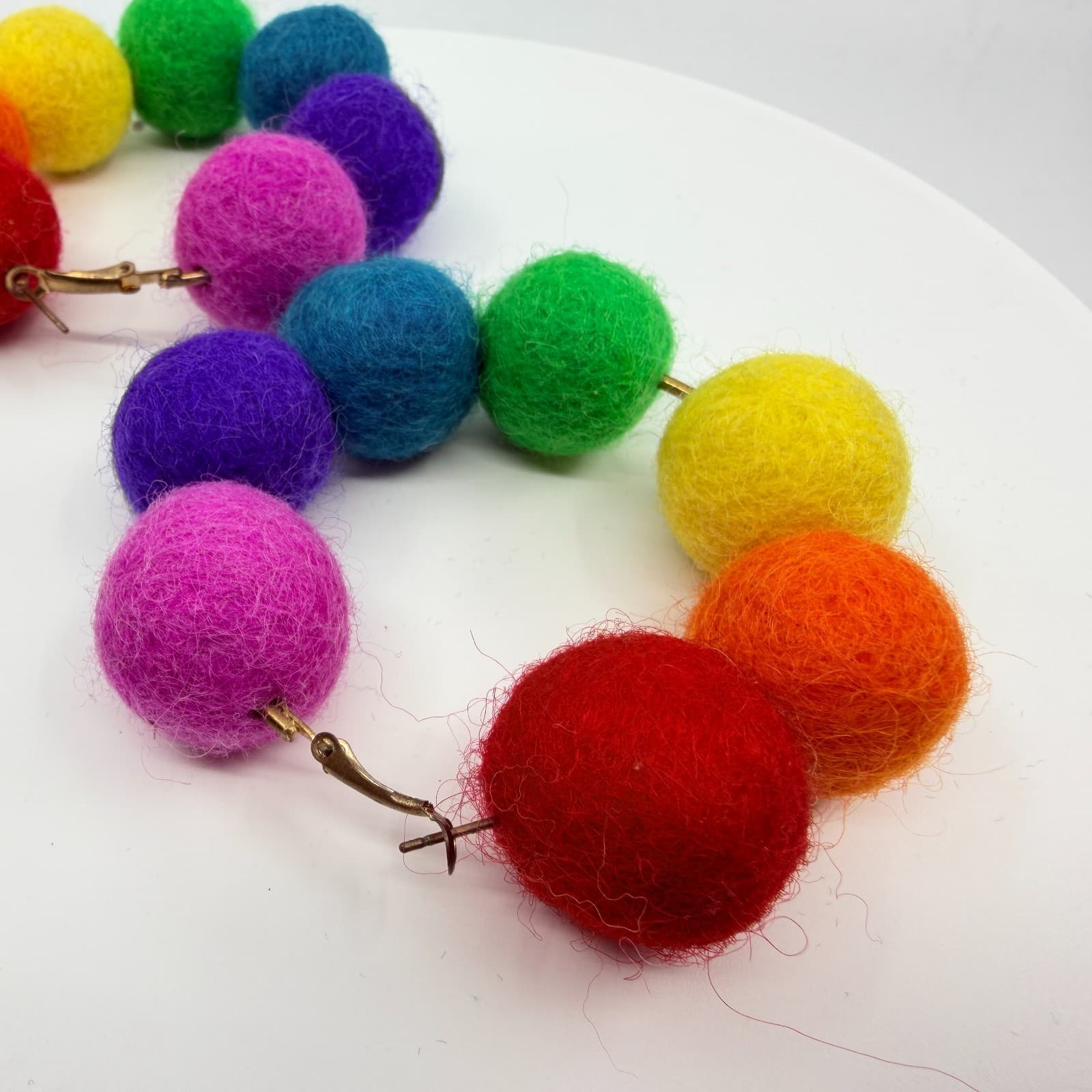 Vintage Retro Y2K Rainbow Felt Pom Pom Hoop Earrings Pride Statement Funky Large - Thumbnail 3
