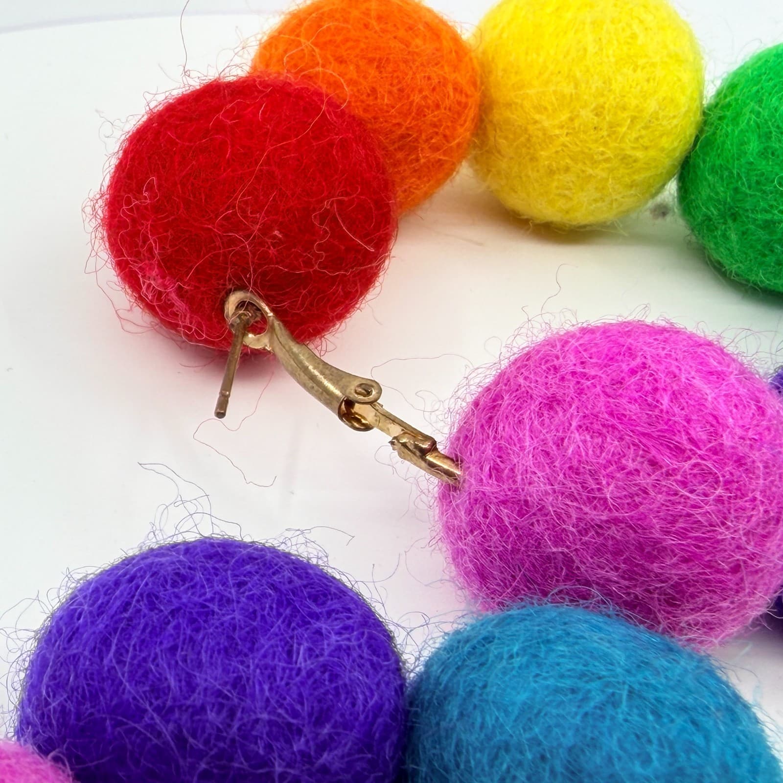Vintage Retro Y2K Rainbow Felt Pom Pom Hoop Earrings Pride Statement Funky Large - Thumbnail 5