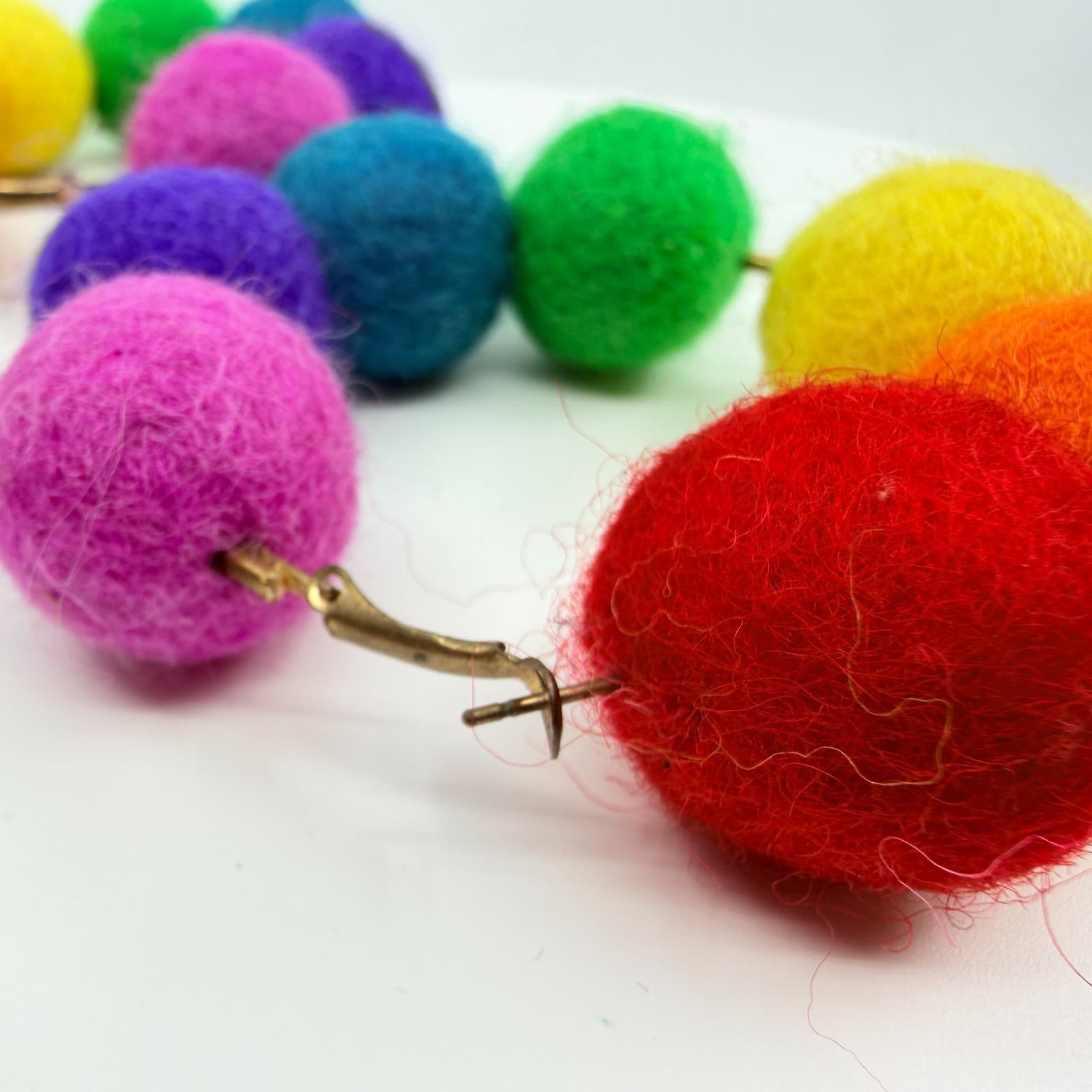 Vintage Retro Y2K Rainbow Felt Pom Pom Hoop Earrings Pride Statement Funky Large - Thumbnail 4