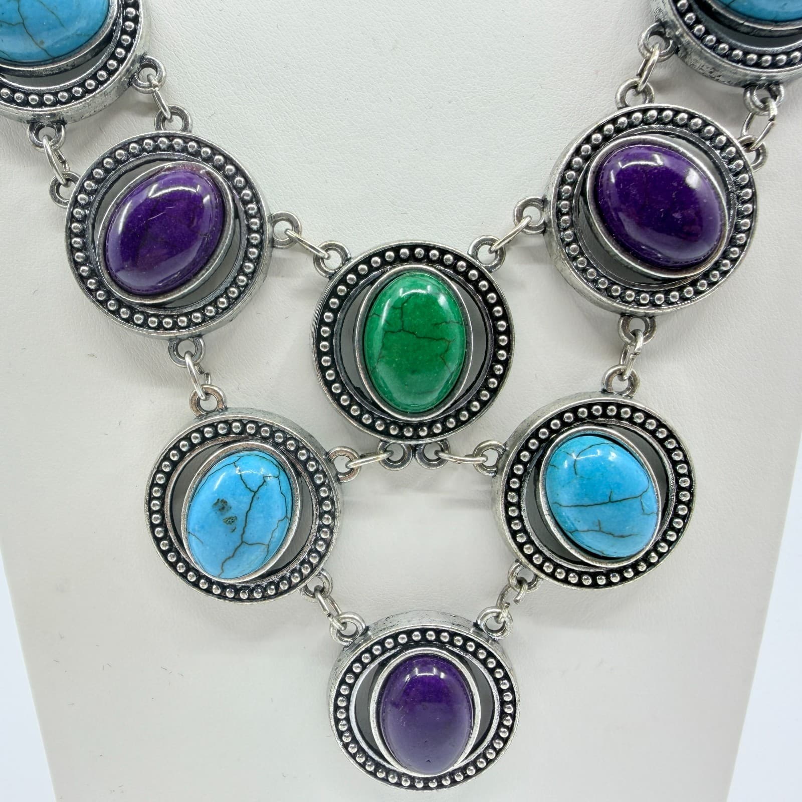 VTG Silver Tone Multi Color Faux Turquoise Purple Green Cabochon Bib Necklace - Thumbnail 7