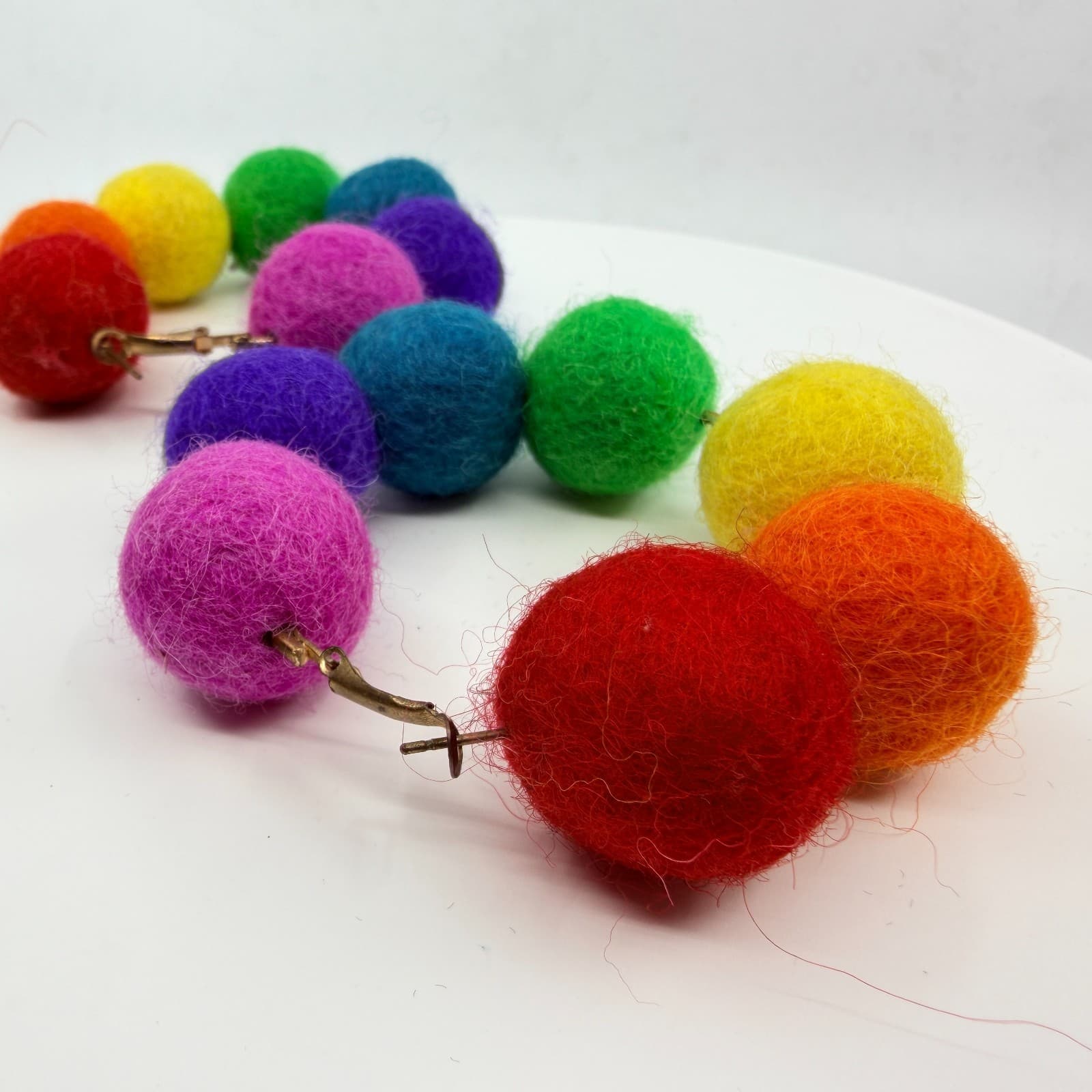 Vintage Retro Y2K Rainbow Felt Pom Pom Hoop Earrings Pride Statement Funky Large - Thumbnail 2