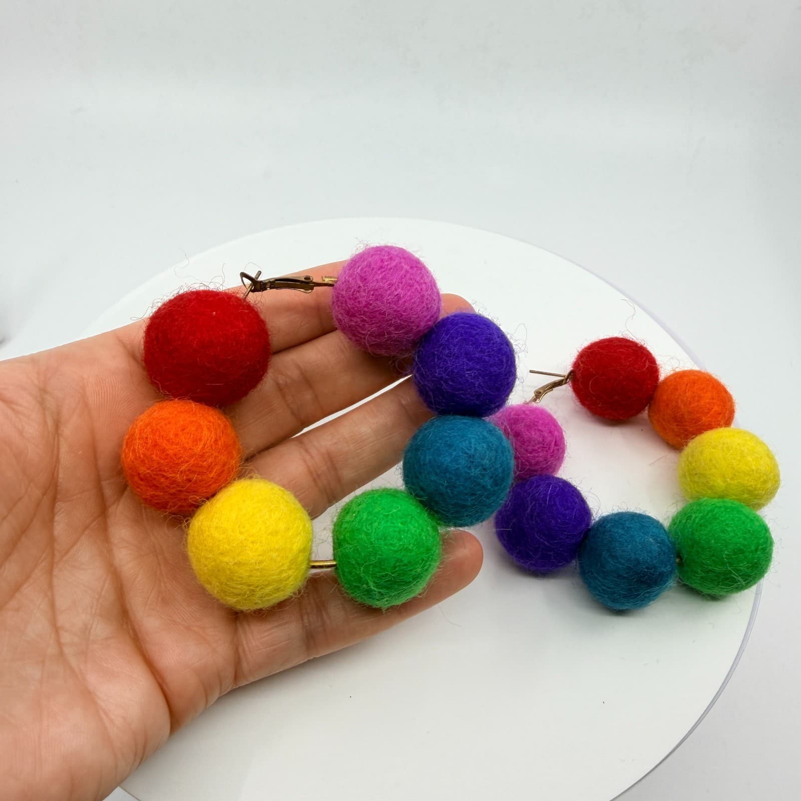 Vintage Retro Y2K Rainbow Felt Pom Pom Hoop Earrings Pride Statement Funky Large - Thumbnail 7