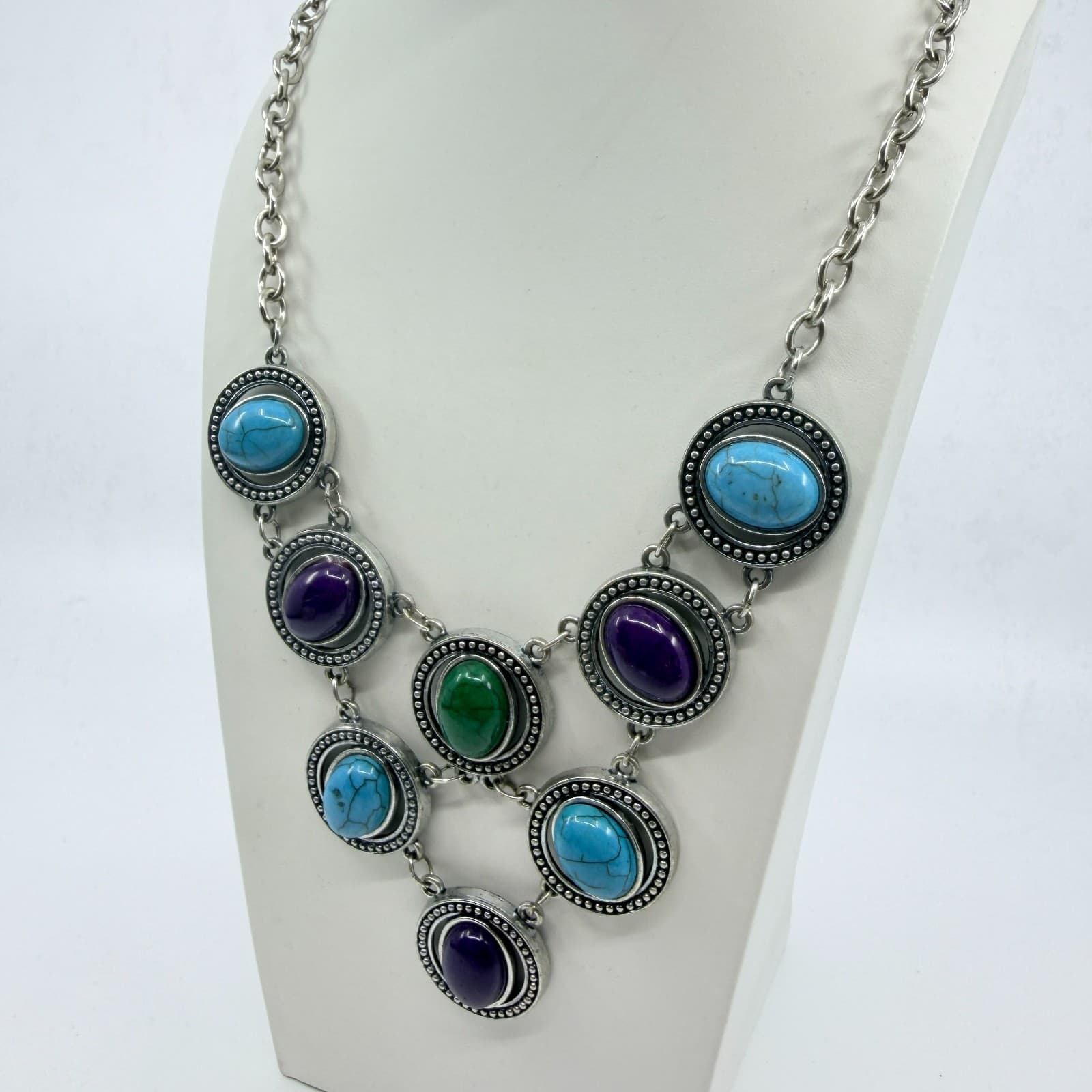 VTG Silver Tone Multi Color Faux Turquoise Purple Green Cabochon Bib Necklace - Thumbnail 6