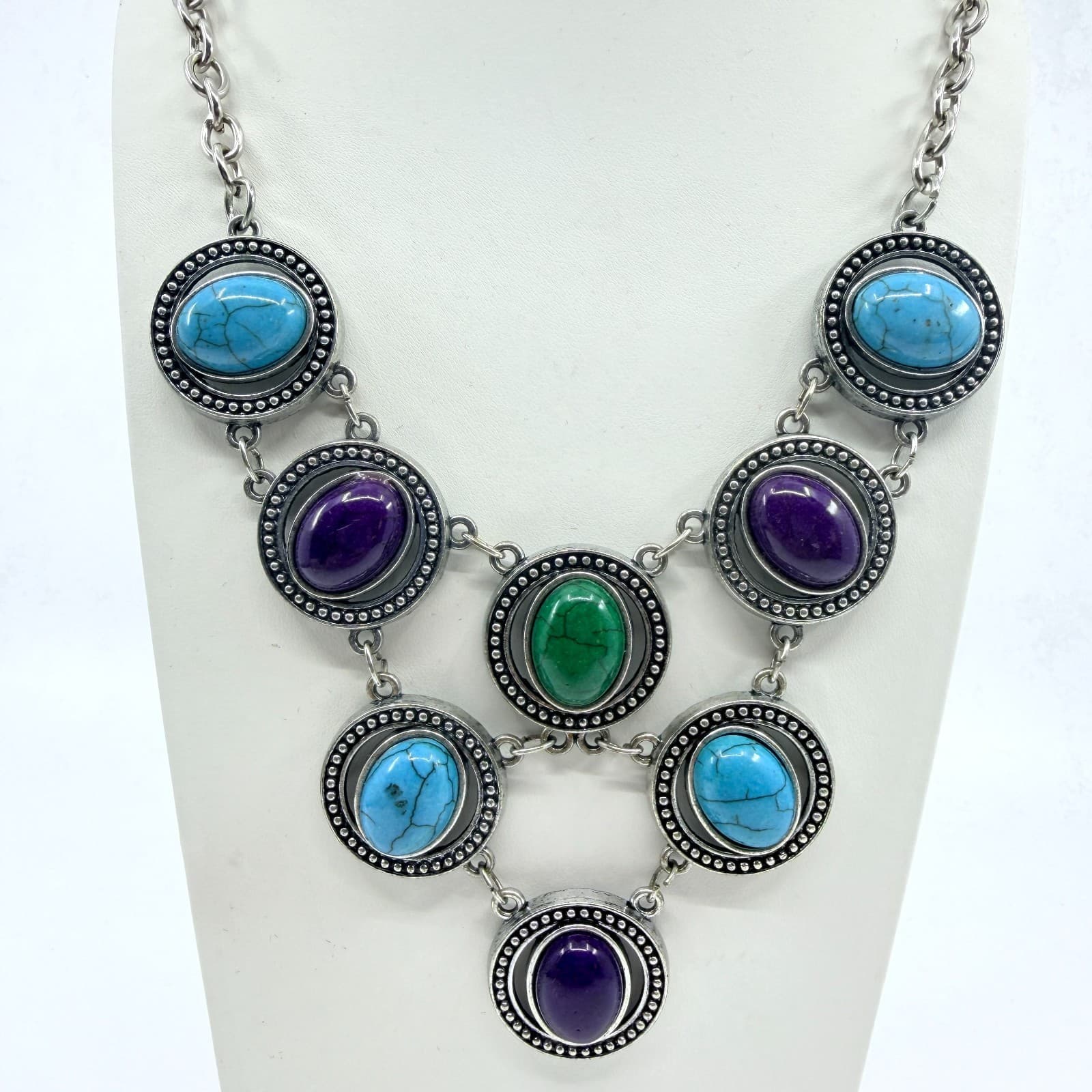 VTG Silver Tone Multi Color Faux Turquoise Purple Green Cabochon Bib Necklace