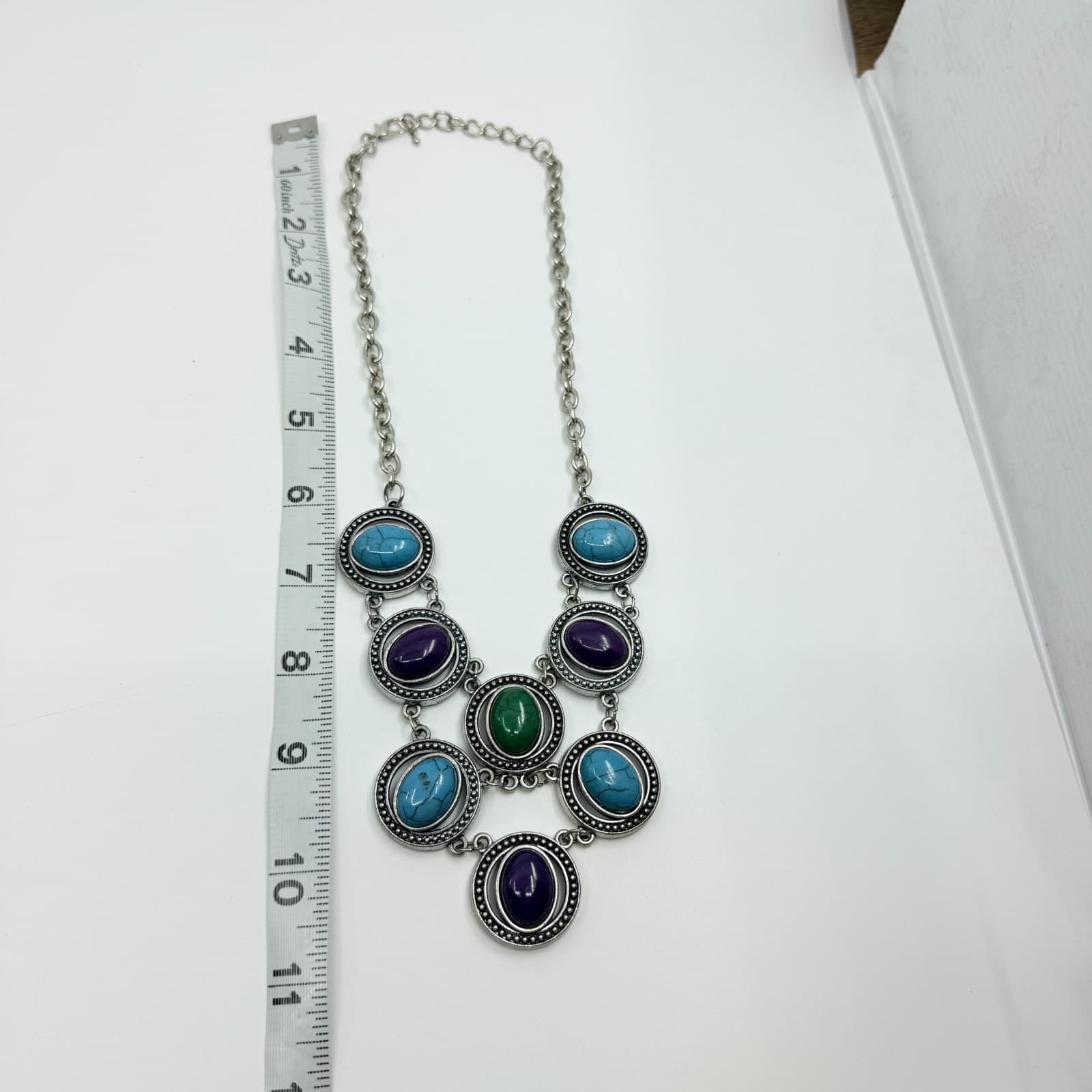 VTG Silver Tone Multi Color Faux Turquoise Purple Green Cabochon Bib Necklace - Thumbnail 11
