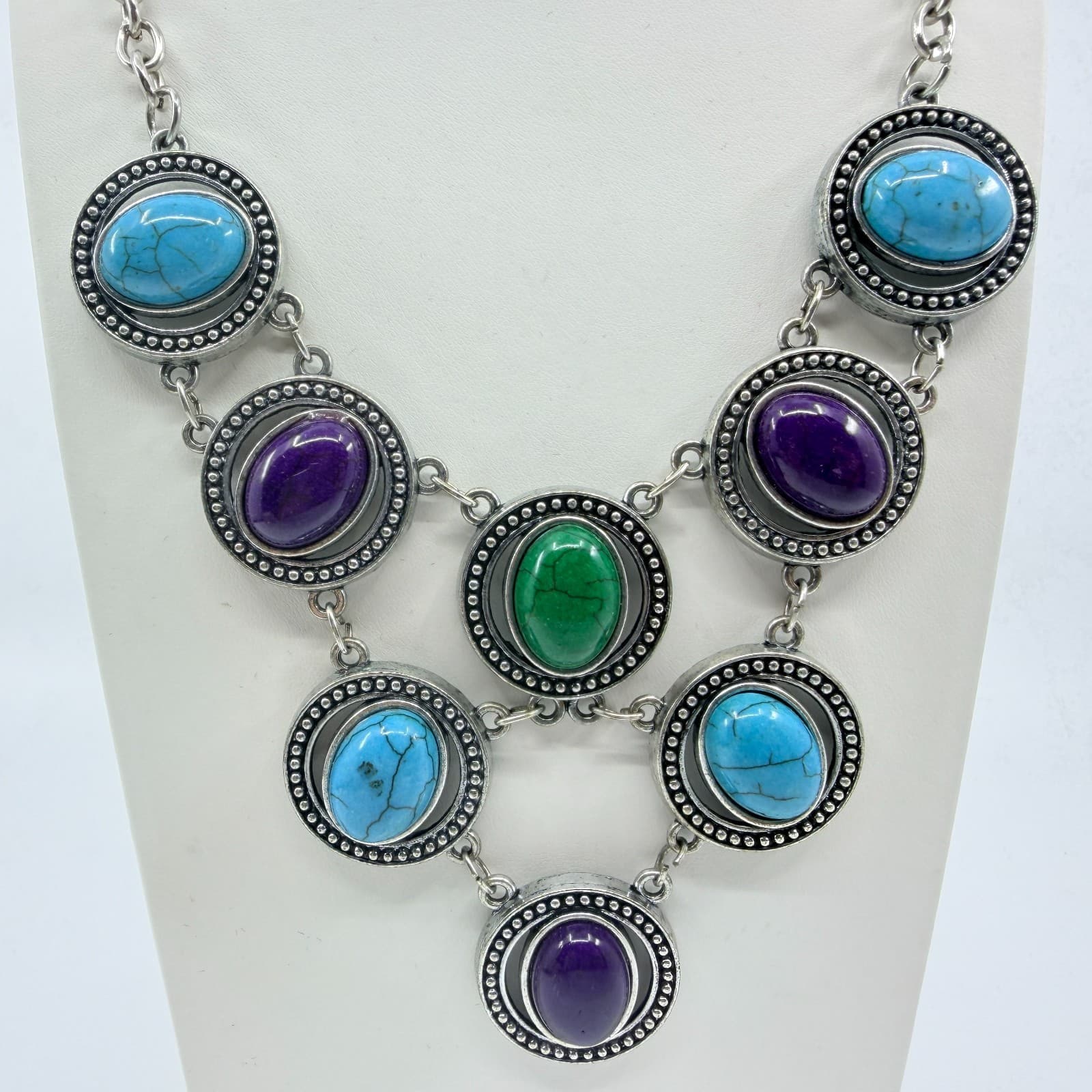 VTG Silver Tone Multi Color Faux Turquoise Purple Green Cabochon Bib Necklace - Thumbnail 8