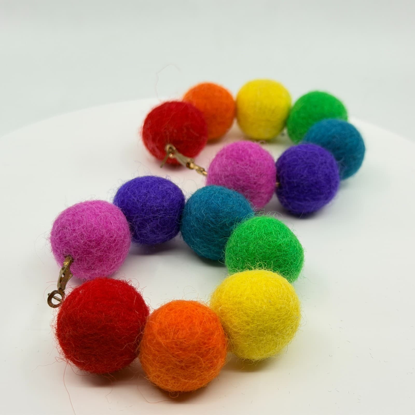 Vintage Retro Y2K Rainbow Felt Pom Pom Hoop Earrings Pride Statement Funky Large - Thumbnail 6