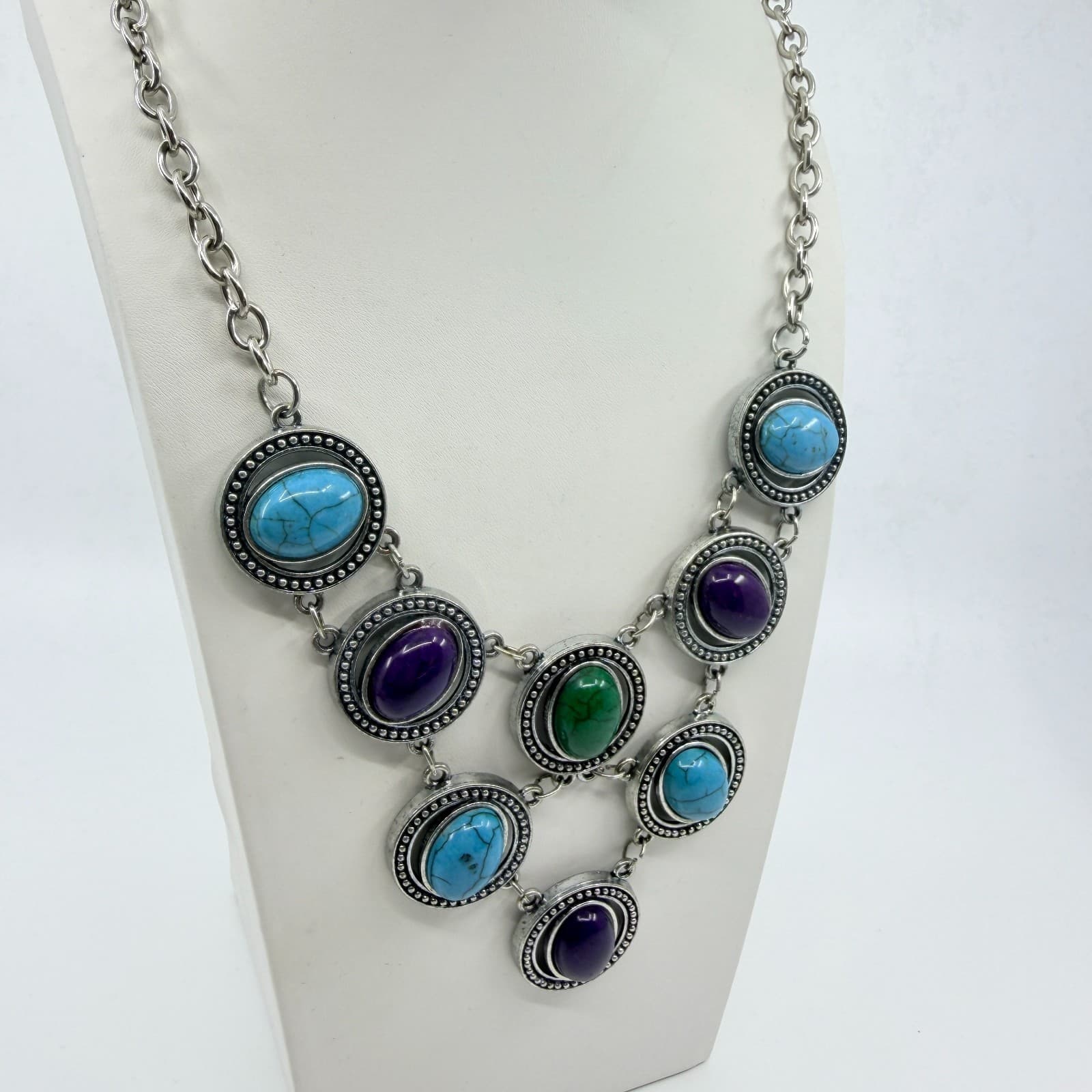 VTG Silver Tone Multi Color Faux Turquoise Purple Green Cabochon Bib Necklace - Thumbnail 4