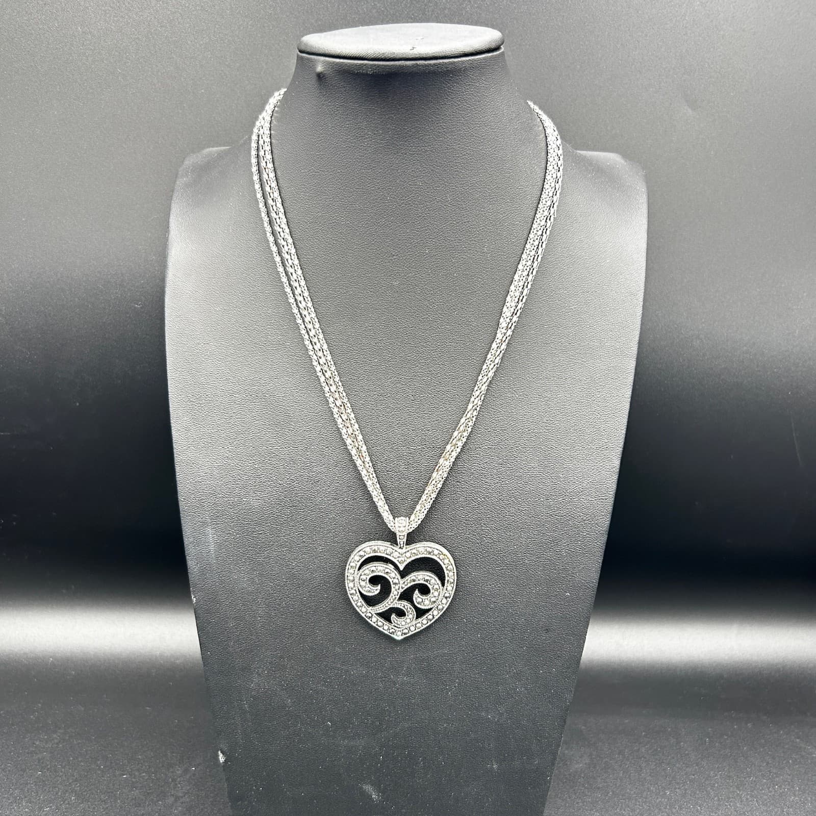 Vintage Silver Heart Pendant Necklace Multi-Strand Rhinestone 19"