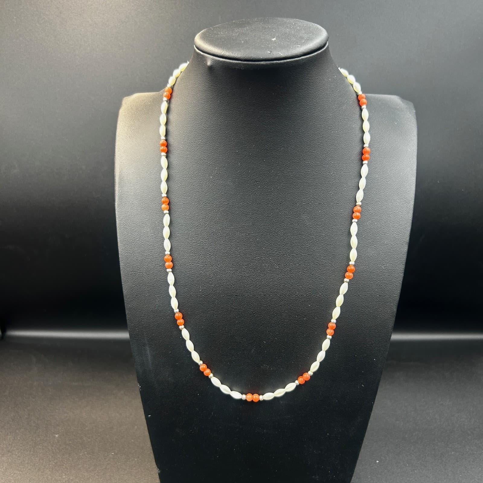 Vintage White & Orange Beaded Necklace Small Oval Beads Retro Jewelry 22"
