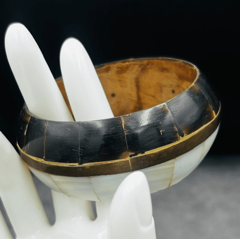 Vintage Inlaid Wood & Brass Bangle Bracelet Boho Artisan Style