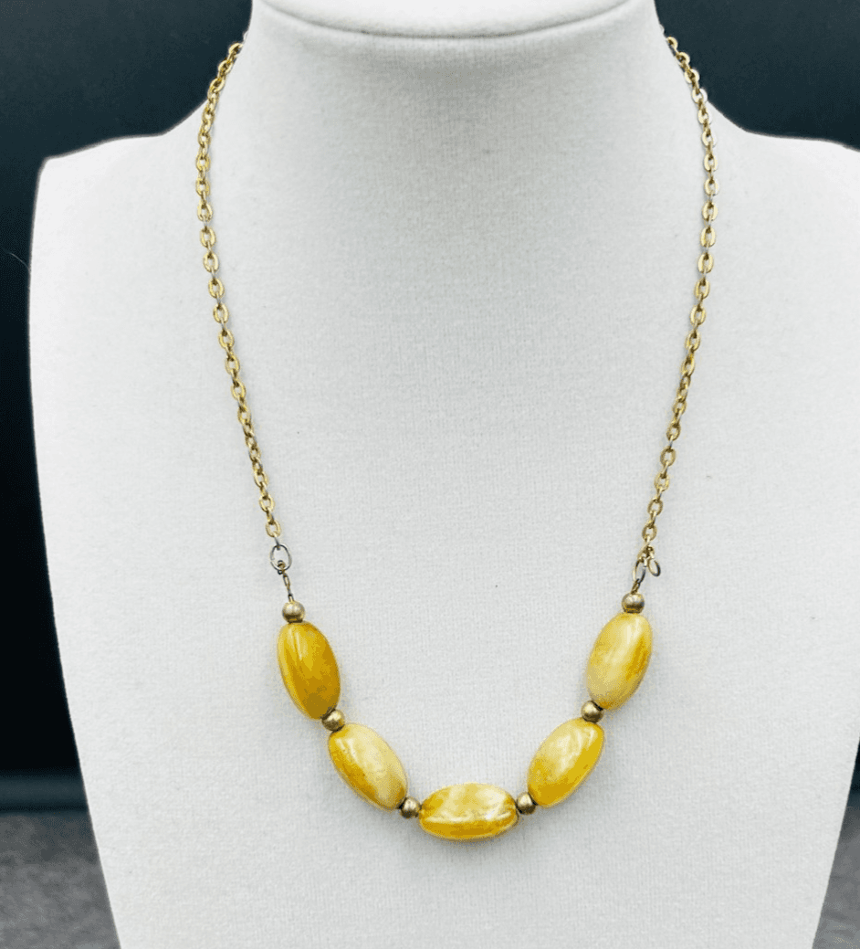 Yellow Marbled Bead Necklace on Gold-Tone Chain Minimalist Vintage Style