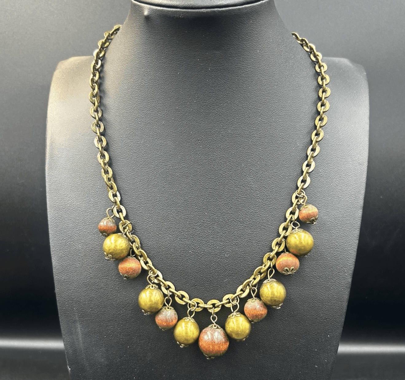 Vintage Brass Chain Necklace with Green and Red Wooden Beads 19" Y2K 90s 2000s