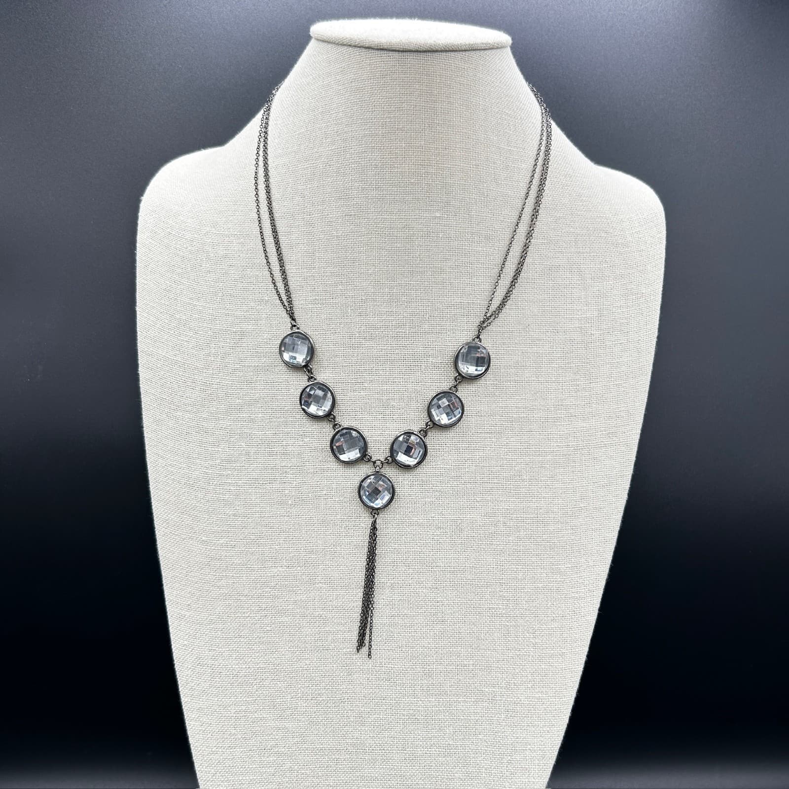 Vintage Gunmetal Crystal Y Necklace Multi-Chain Statement Pendant
