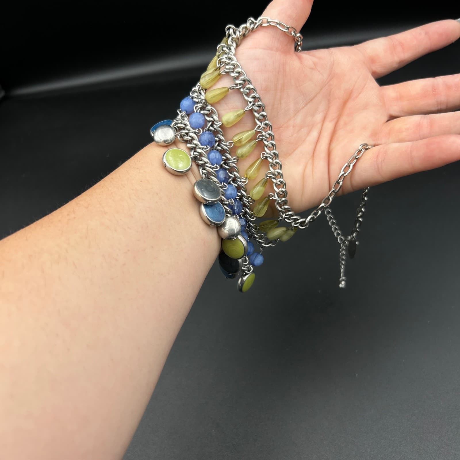 Vintage Multi-Strand Silver Chain Necklace Dangling Beads Blue Green Fashion