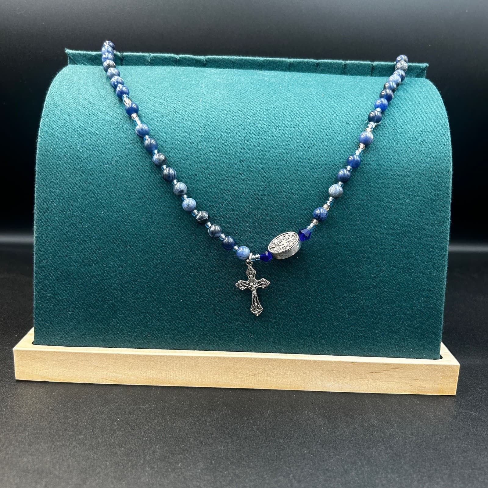 Vintage Blue Beaded Rosary Style Necklace Silver Cross Pendant Religious 22"