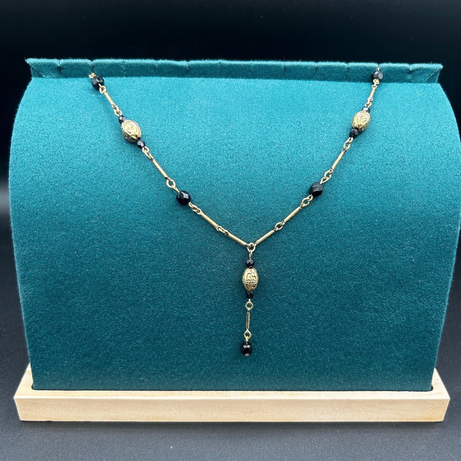 Vintage Gold Black Beaded Y Necklace Elegant Filigree Drop Design 15in