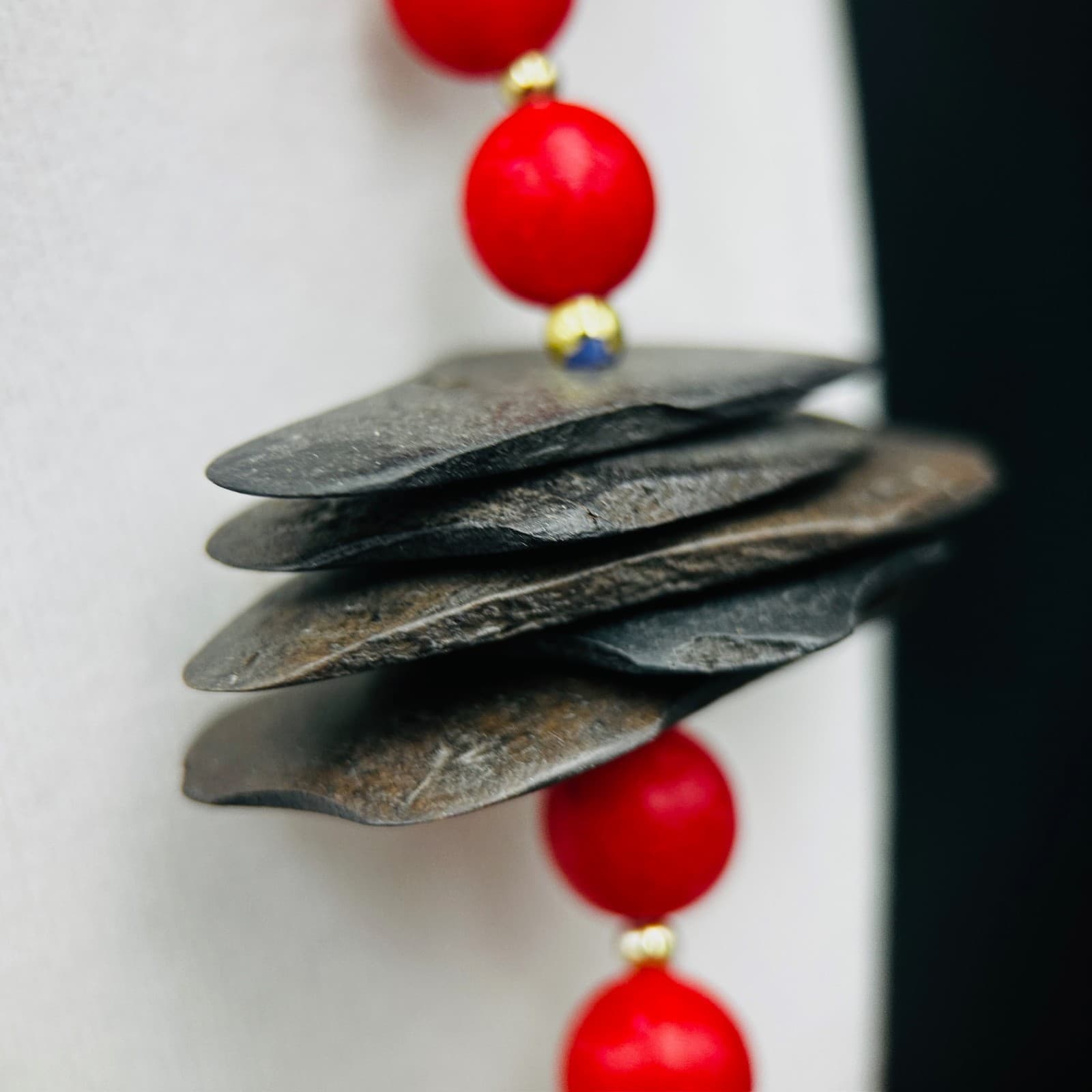 Red Bead Toucan Pendant Necklace w/ Wood Accents Tropical Statement - Thumbnail 2