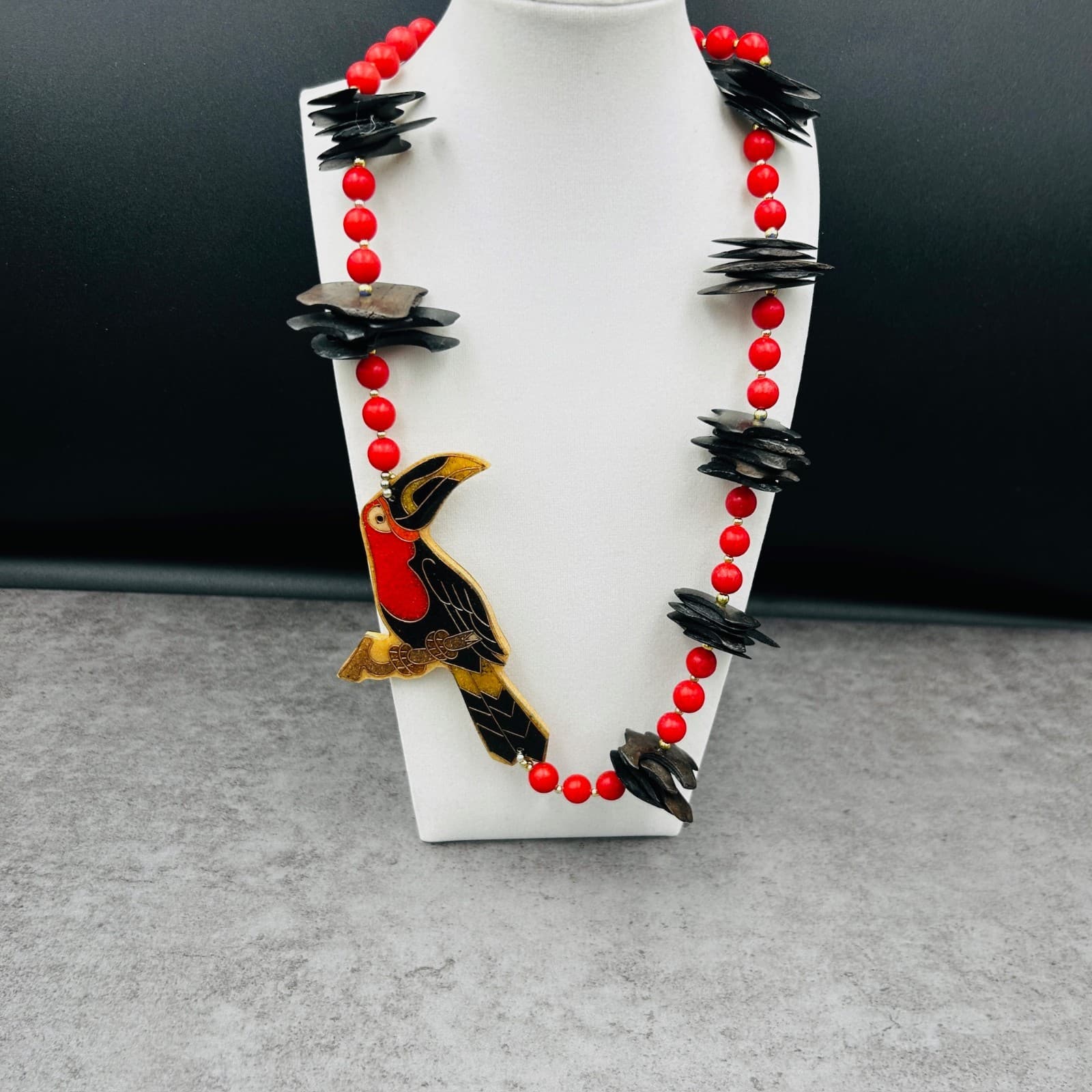 Red Bead Toucan Pendant Necklace w/ Wood Accents Tropical Statement