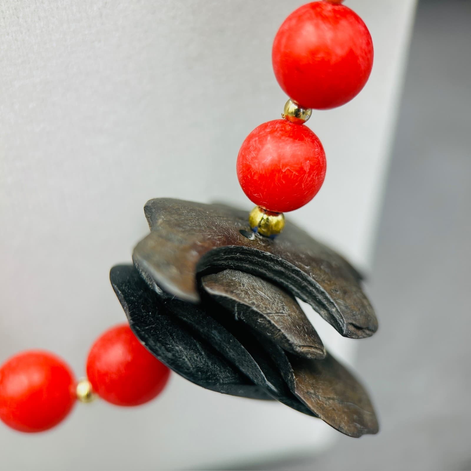 Red Bead Toucan Pendant Necklace w/ Wood Accents Tropical Statement - Thumbnail 3