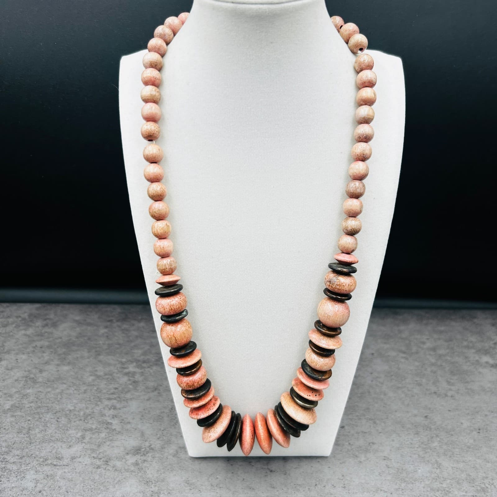 Natural Wood Bead Necklace w/ Layered Disc Accents Boho Earthy Style