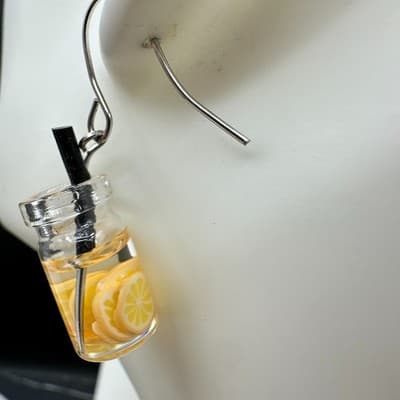 Lemonade Drink Charm Earrings Boho Statement Unique Y2K Yellow Orange Clear - Thumbnail 2