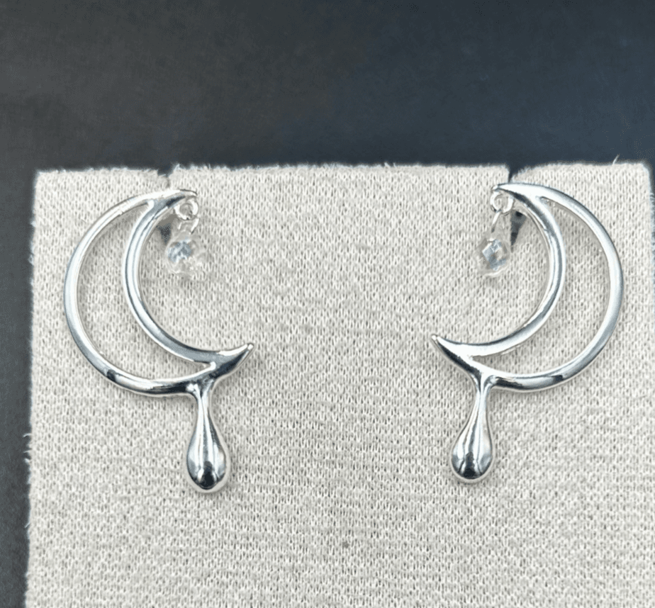 Vintage Silver-Tone Crescent Moon Earrings with Crystal Drop - Elegant Design
