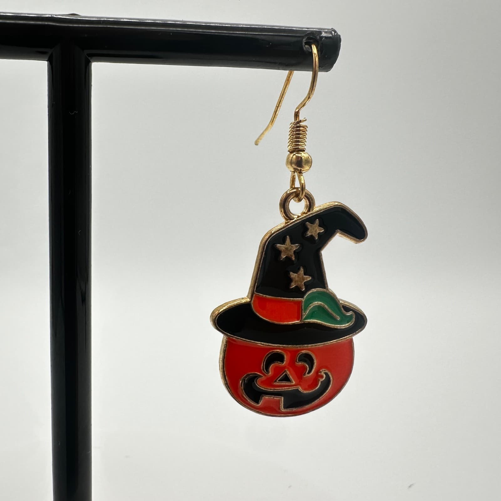 Vintage Halloween Pumpkin Witch Hat Enamel Earrings Gold-Tone Festive Dangles - Thumbnail 3