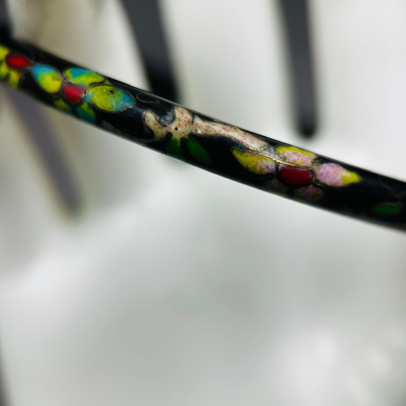 Vintage Black Enamel Floral Cloisonné Bangle Bracelet Vintage Boho Charm - Thumbnail 7