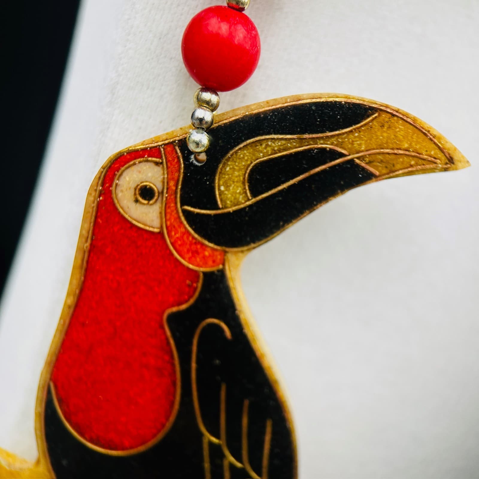 Red Bead Toucan Pendant Necklace w/ Wood Accents Tropical Statement - Thumbnail 4