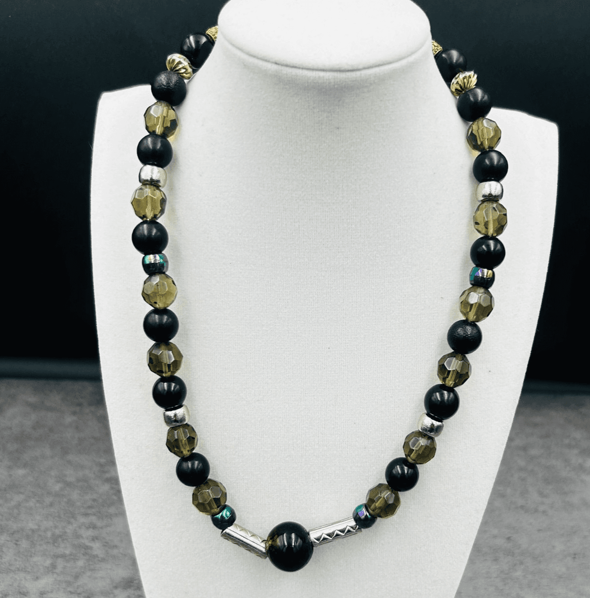 Vintage Black & Smoky Crystal Bead Necklace w/ Silver Accents Boho Artisan Style