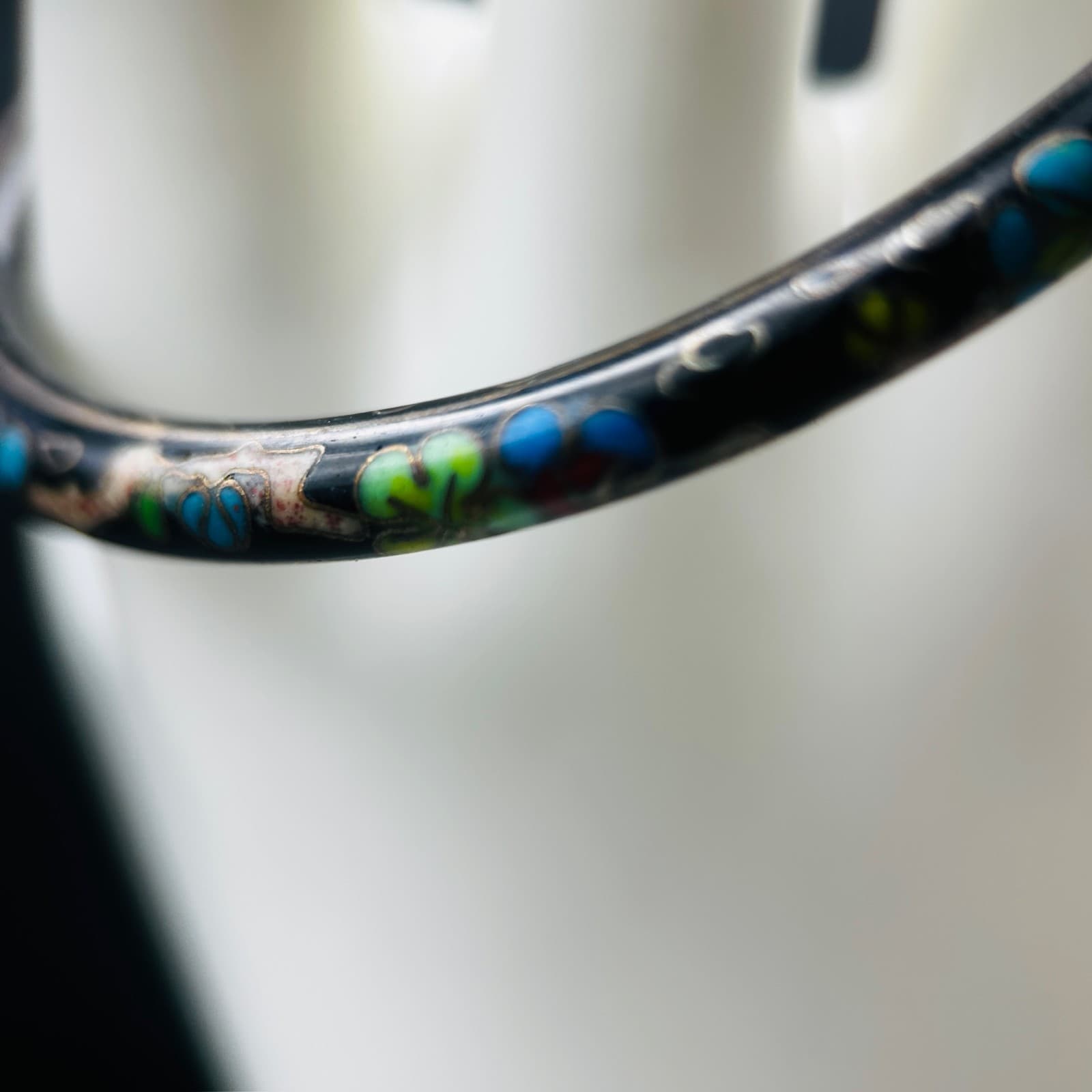 Vintage Black Enamel Floral Cloisonné Bangle Bracelet Vintage Boho Charm - Thumbnail 4