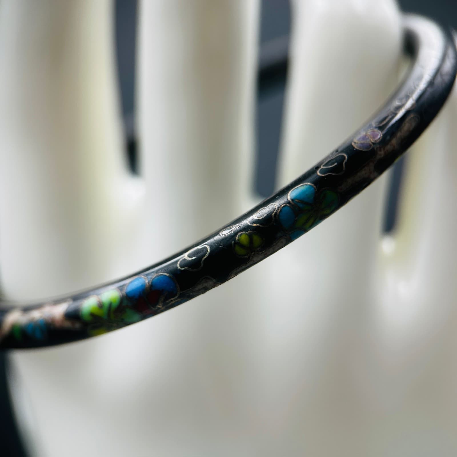 Vintage Black Enamel Floral Cloisonné Bangle Bracelet Vintage Boho Charm - Thumbnail 5