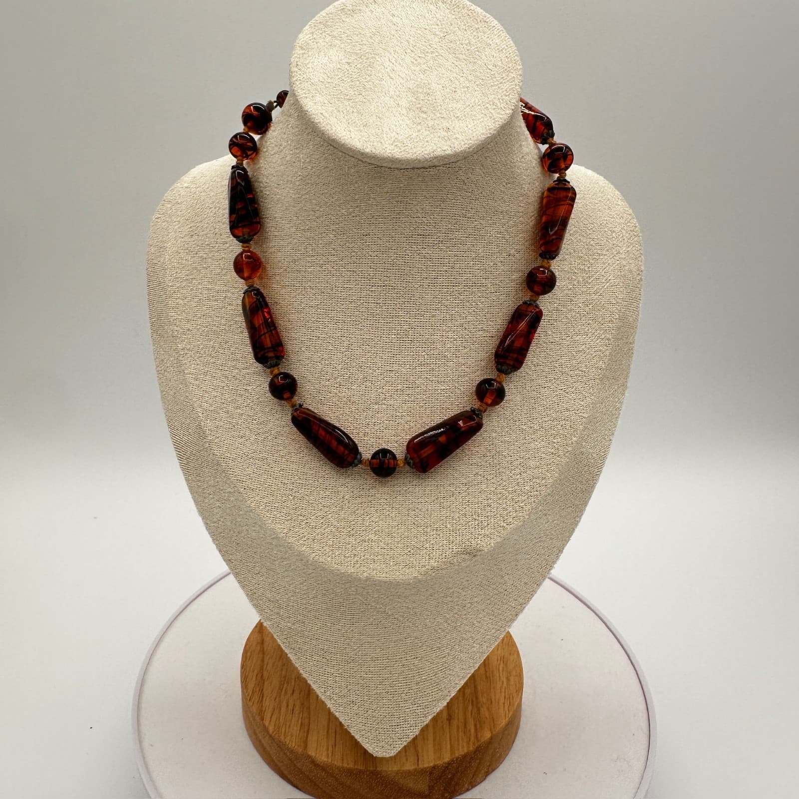 Vintage Tortoise Glass Bead Necklace Brown Amber Boho Retro Style