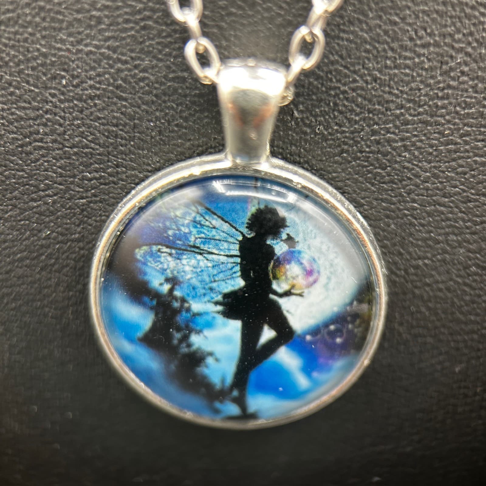 Vintage Silver Fairy Pendant Necklace Fantasy Moon Art