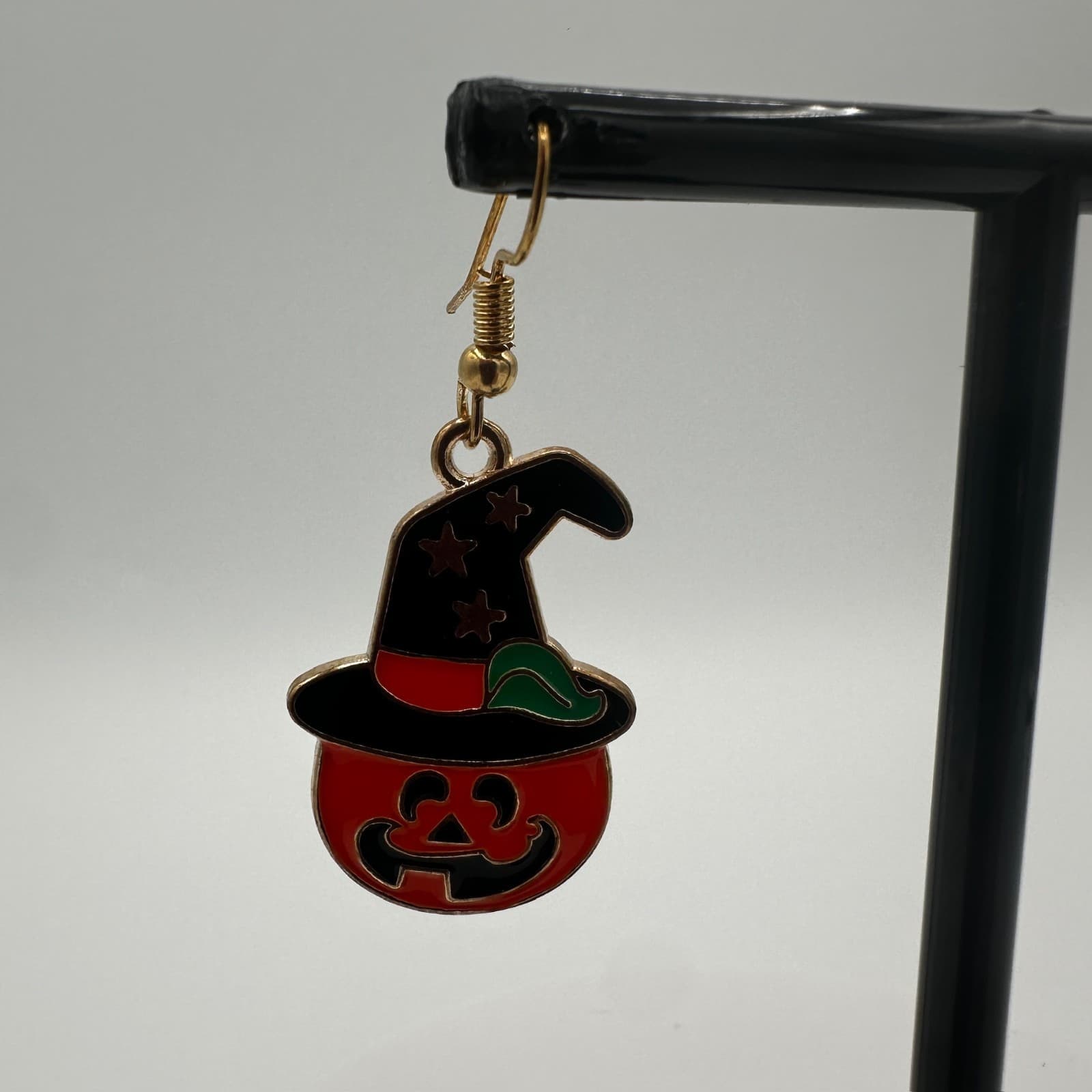 Vintage Halloween Pumpkin Witch Hat Enamel Earrings Gold-Tone Festive Dangles - Thumbnail 2