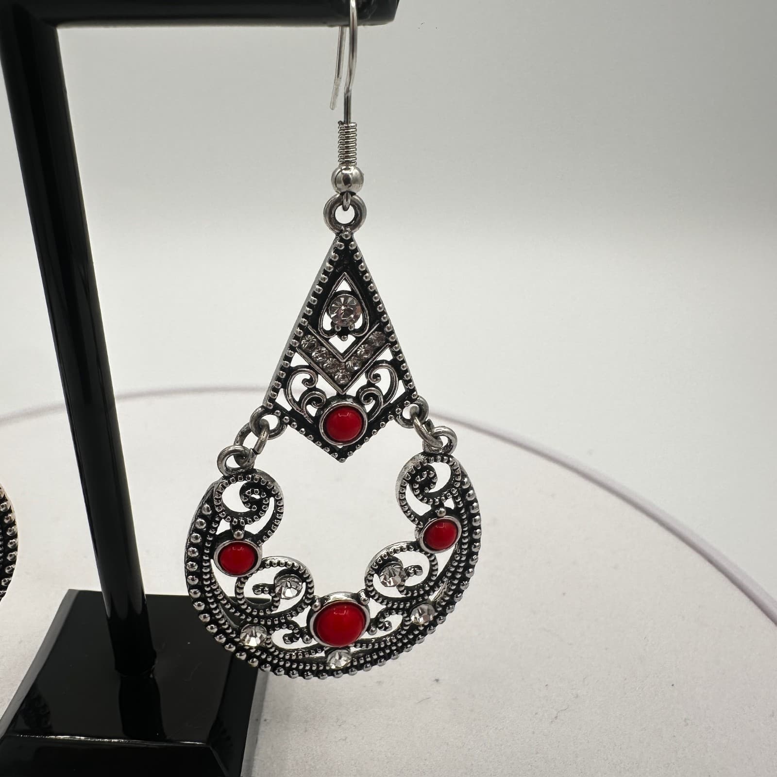 Vintage Silver-Tone Filigree Red Stone Chandelier Earrings Boho Gothic - Thumbnail 2