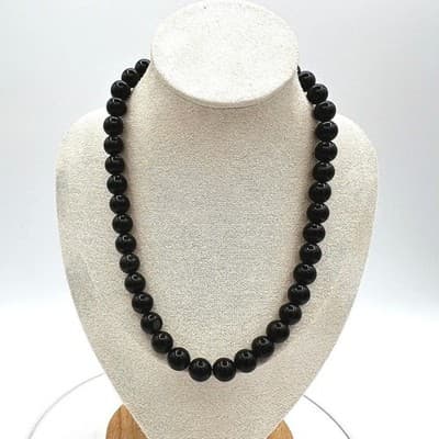 Vintage Black Beaded Round Necklace Classic Glossy Strand Unisex