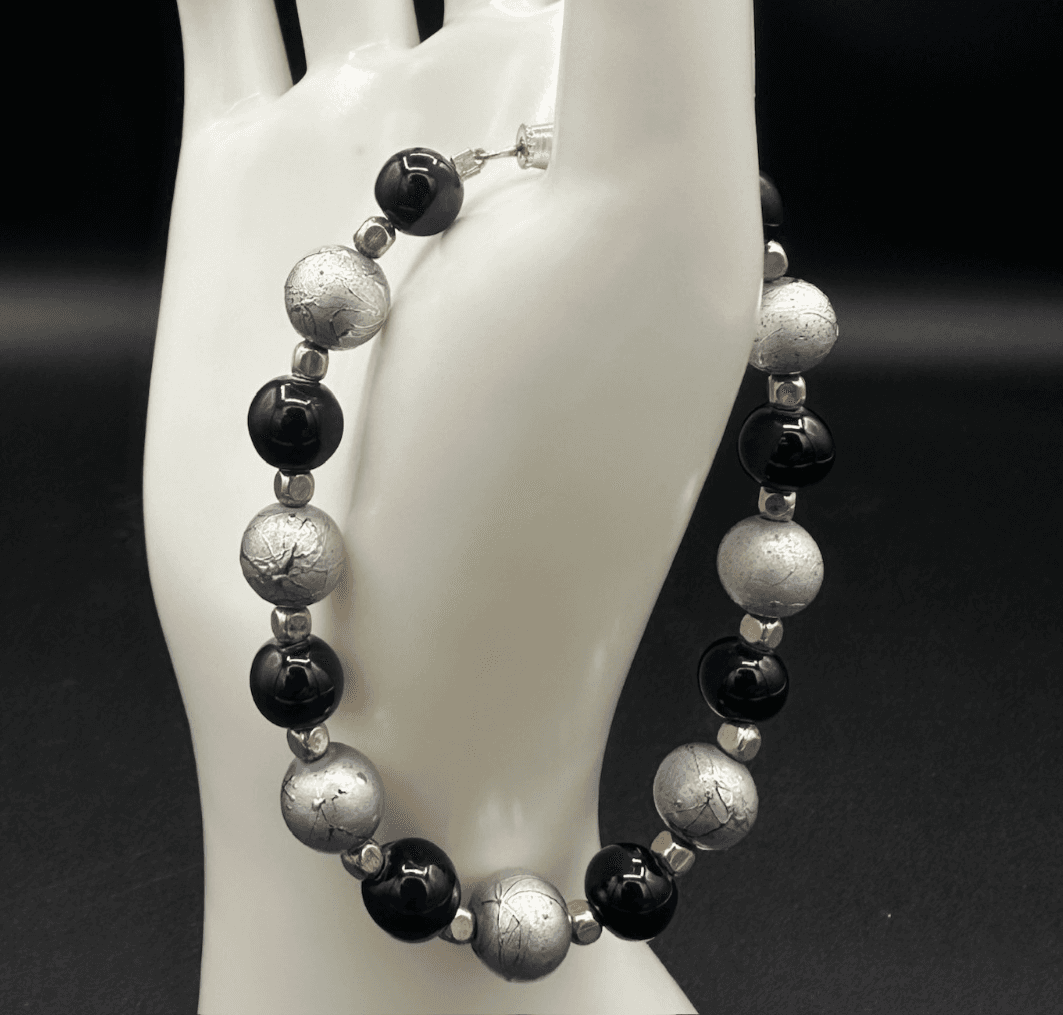 Vintage Handmade Blue & Silver Beaded Crystal Pearl Bracelet Boho Style 7''