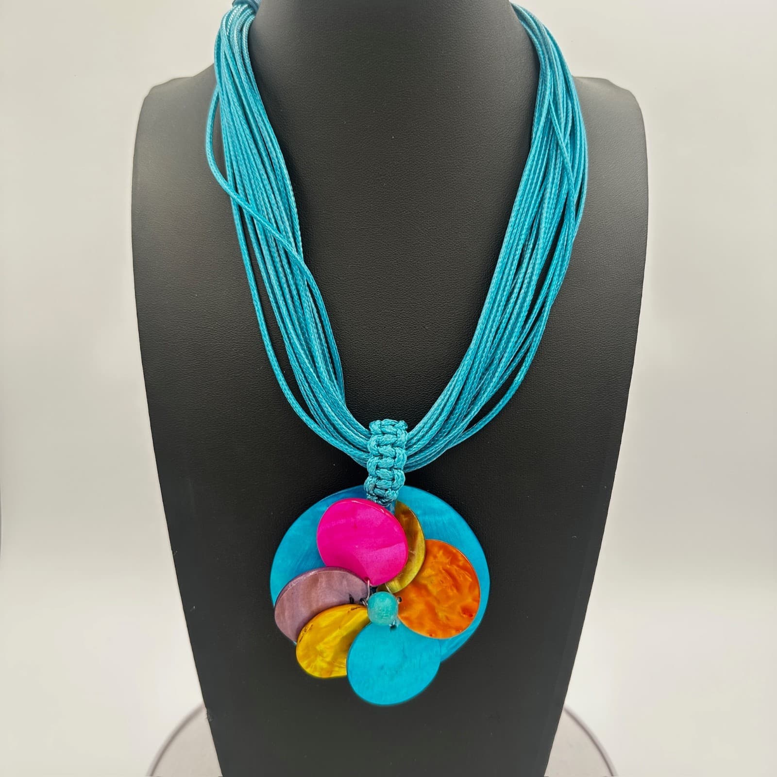 Boho Multicolor Shell Flower Pendant on Turquoise Cord Necklace