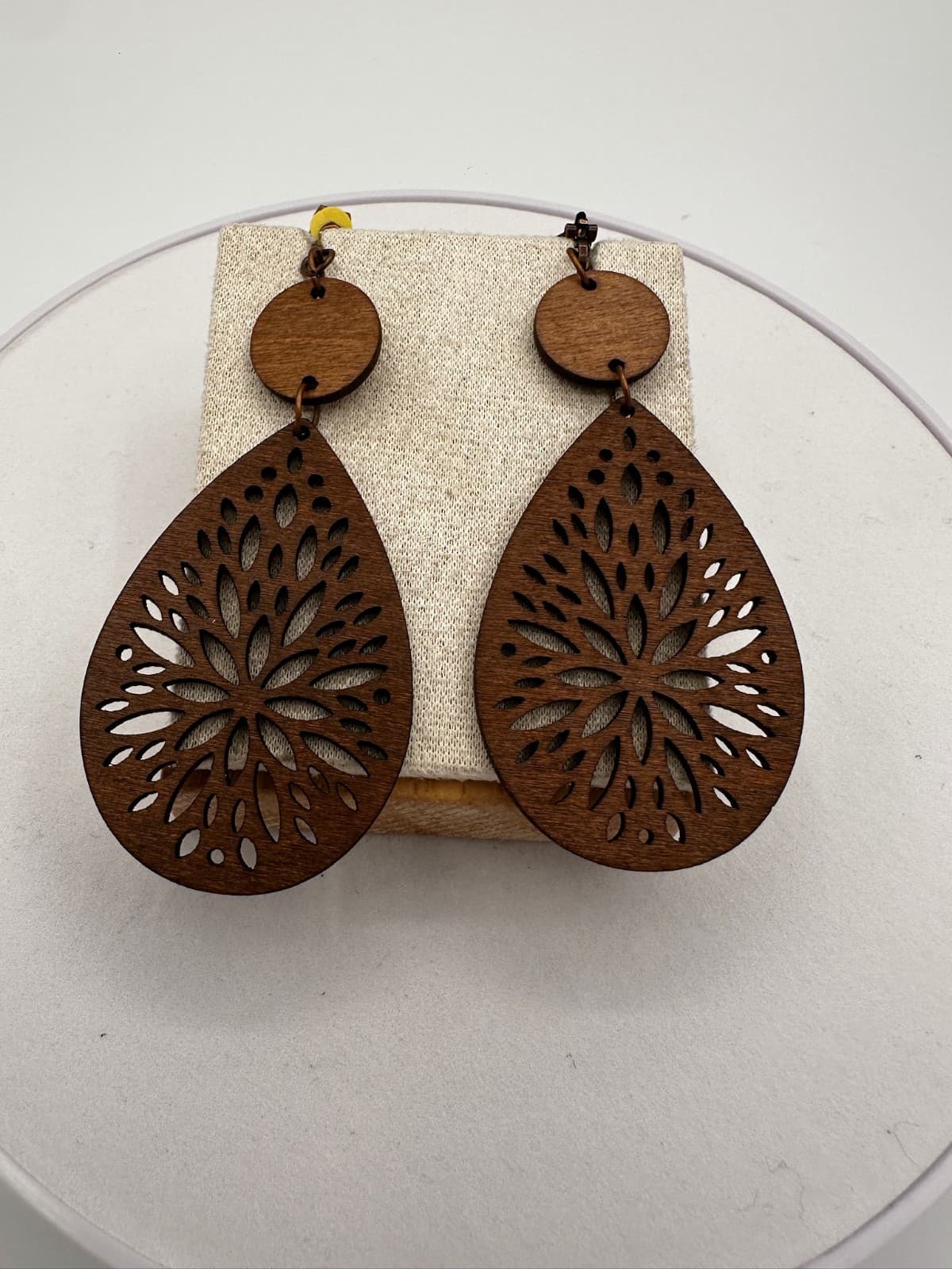 Vintage Boho Wood Cutout Teardrop Clip-On Earrings Rustic Style