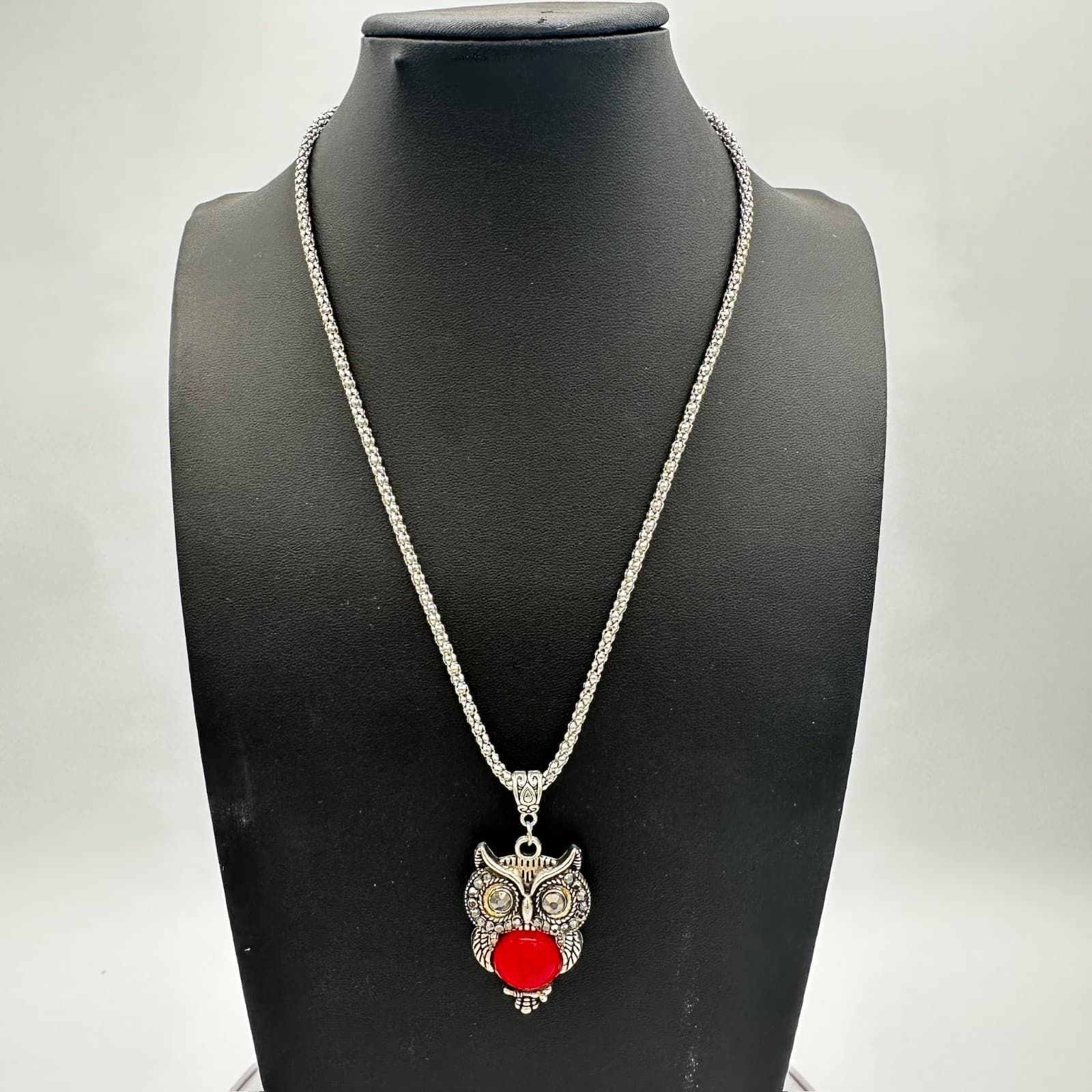 Vintage Owl Pendant Necklace w/ Red Stone – Boho Statement Y2K Jewelry