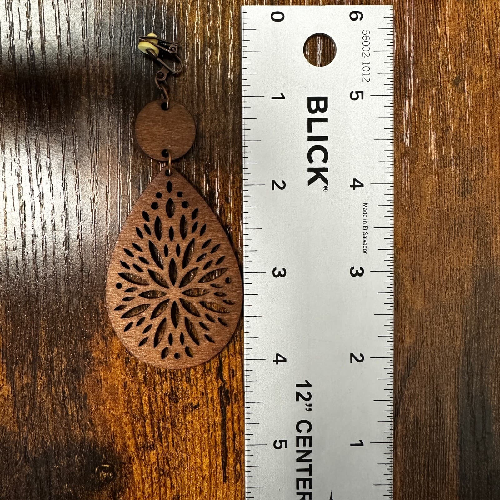 Vintage Boho Wood Cutout Teardrop Clip-On Earrings Rustic Style - Thumbnail 5