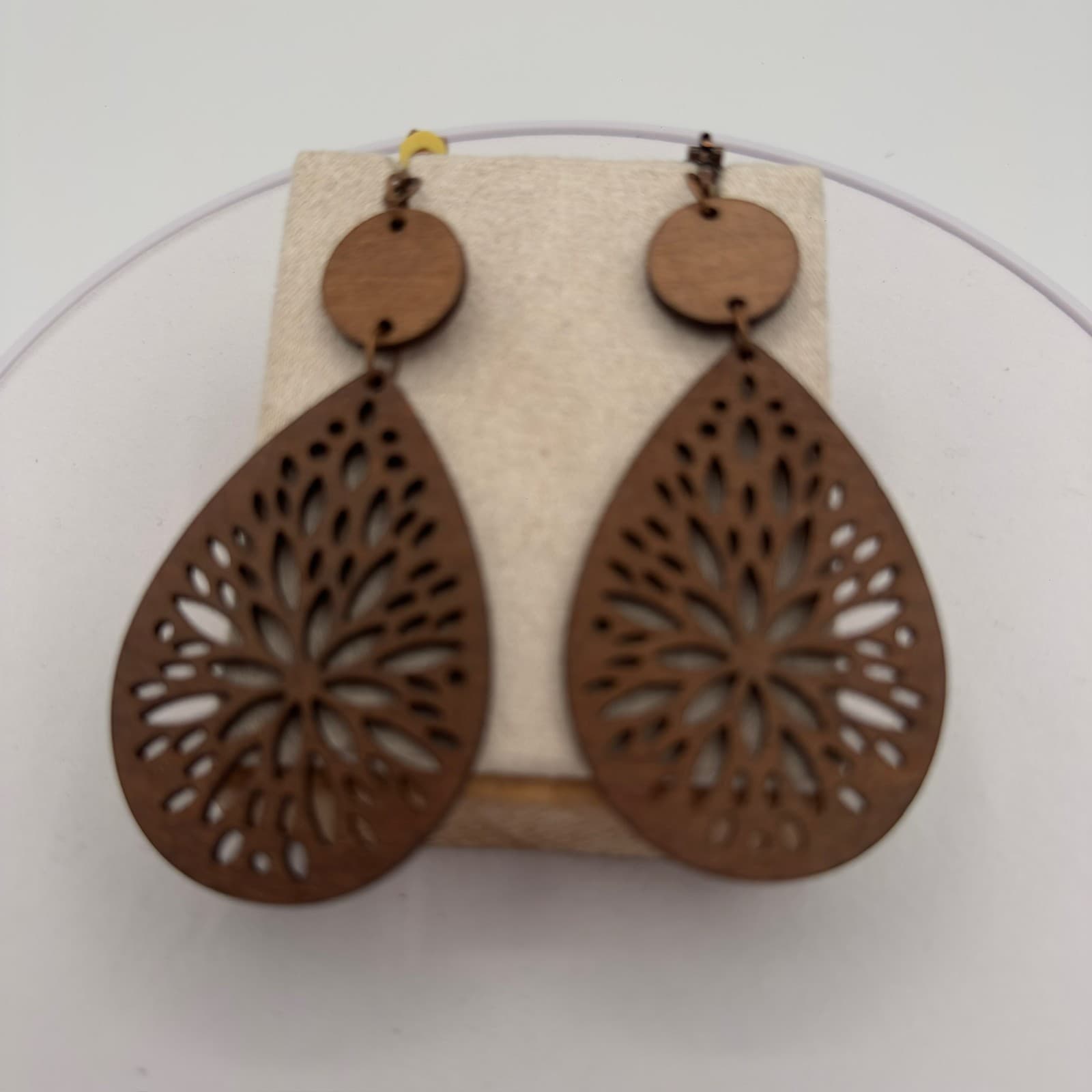 Vintage Boho Wood Cutout Teardrop Clip-On Earrings Rustic Style - Thumbnail 2