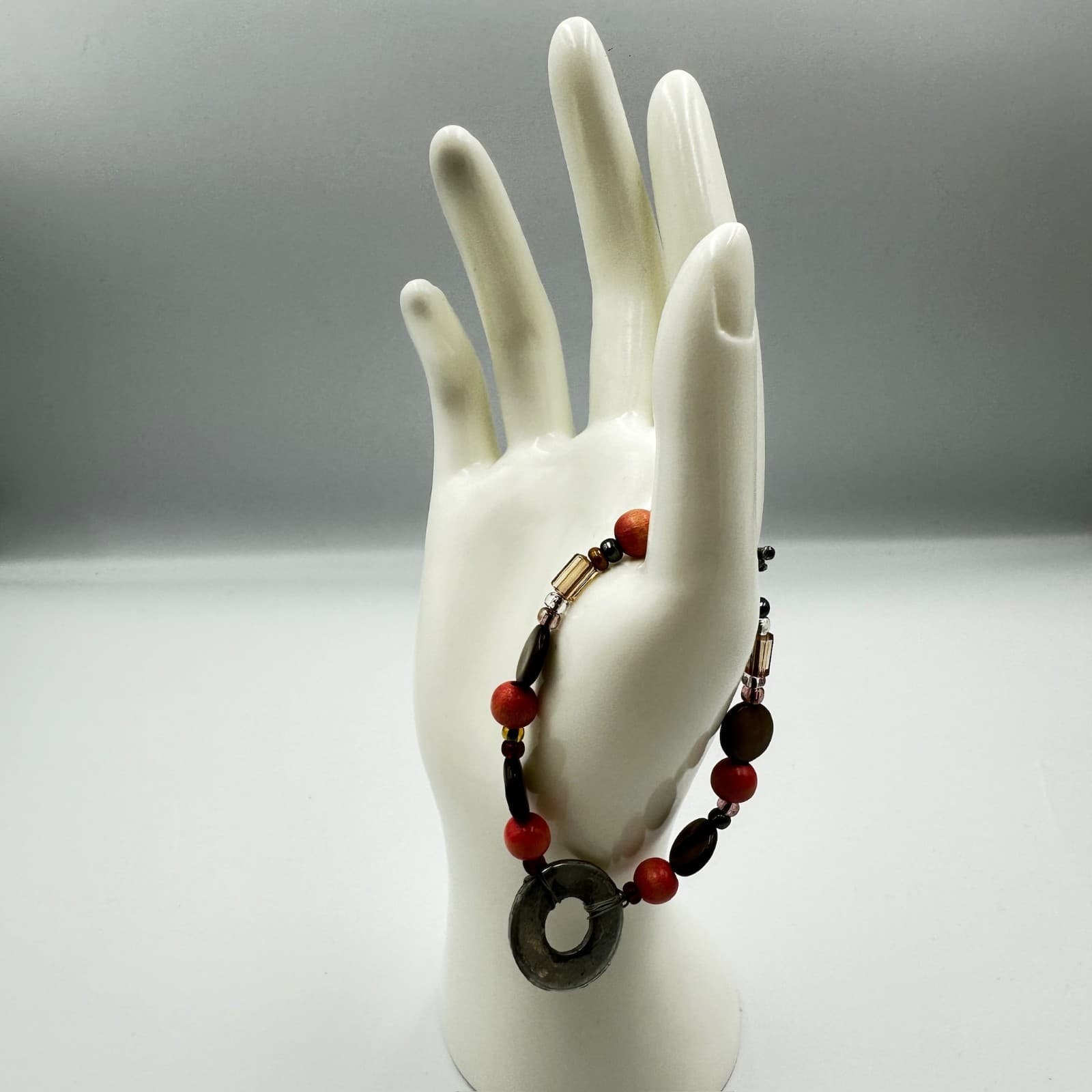 Boho Beaded Bracelet w/ Earthy Mixed Beads & Antique-Style Donut Pendant