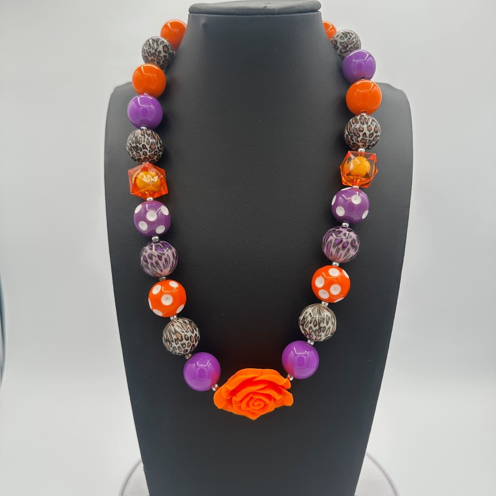 Chunky Halloween Bubblegum Necklace w/ Orange Rose & Leopard Beads