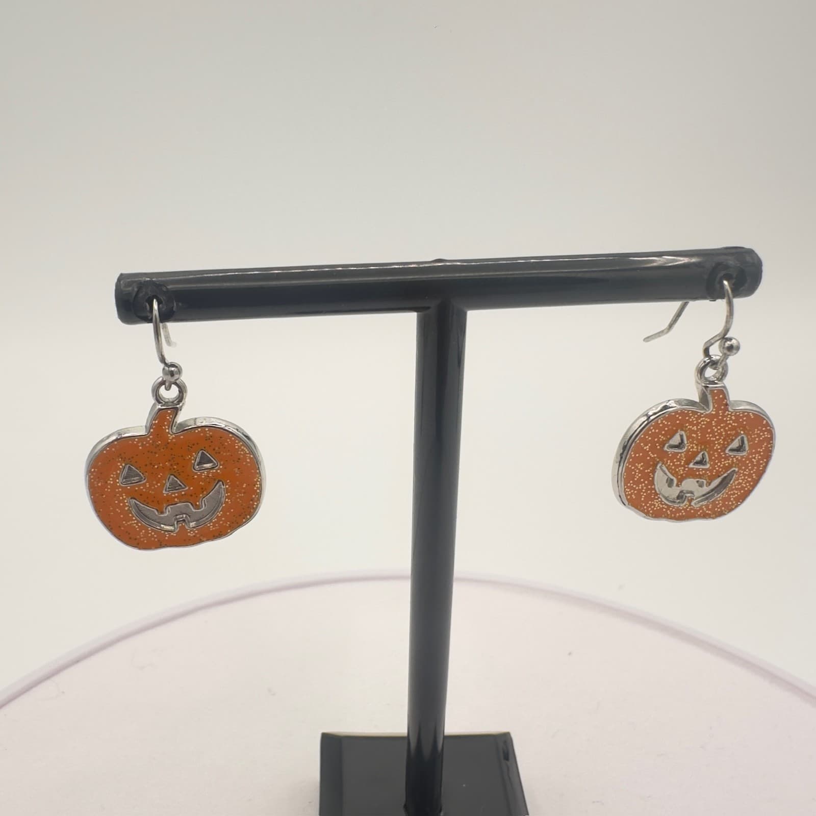 Vintage Halloween Glitter Jack-O’-Lantern Earrings Silver-Tone Pumpkin Dangles - Thumbnail 2