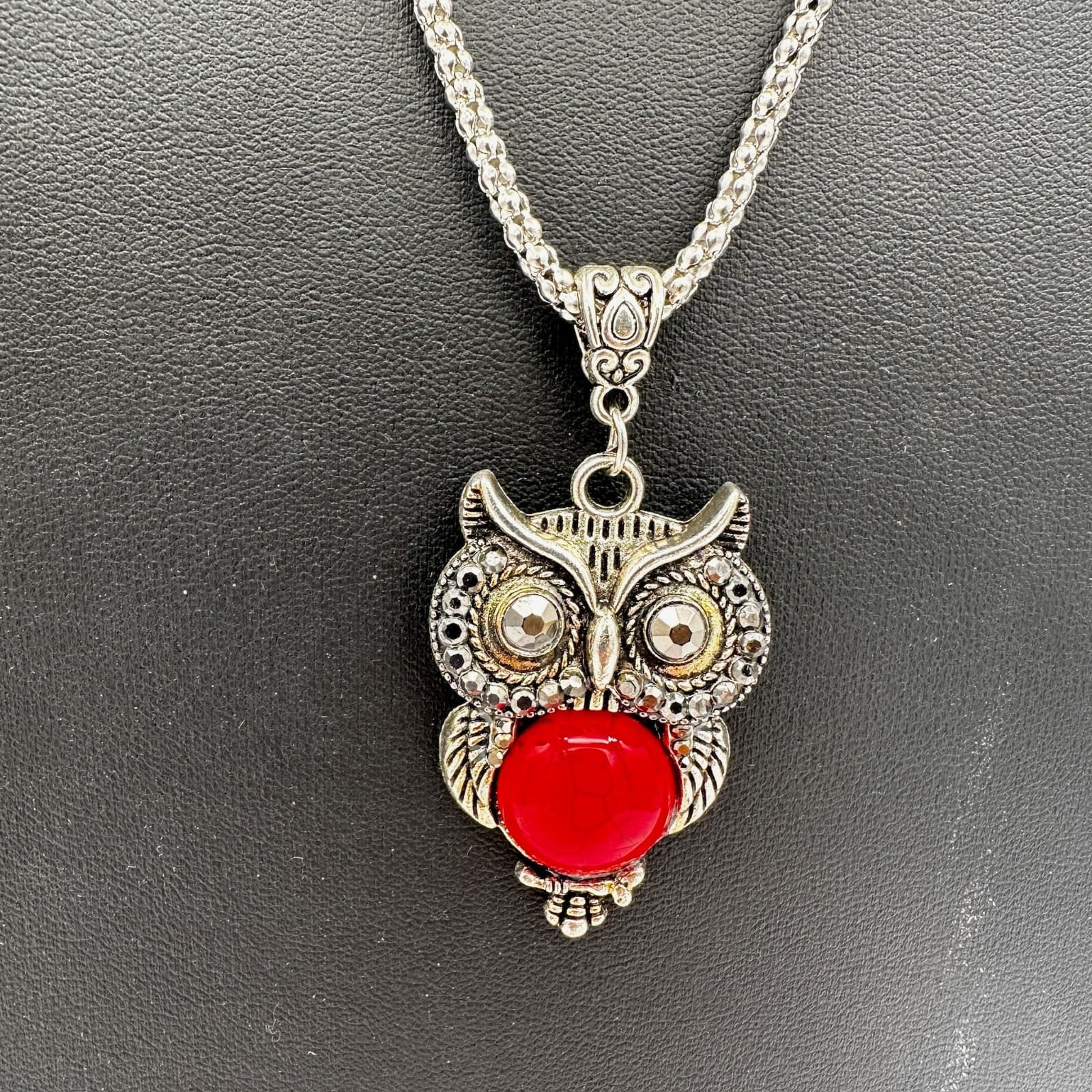 Vintage Owl Pendant Necklace w/ Red Stone – Boho Statement Y2K Jewelry - Thumbnail 2